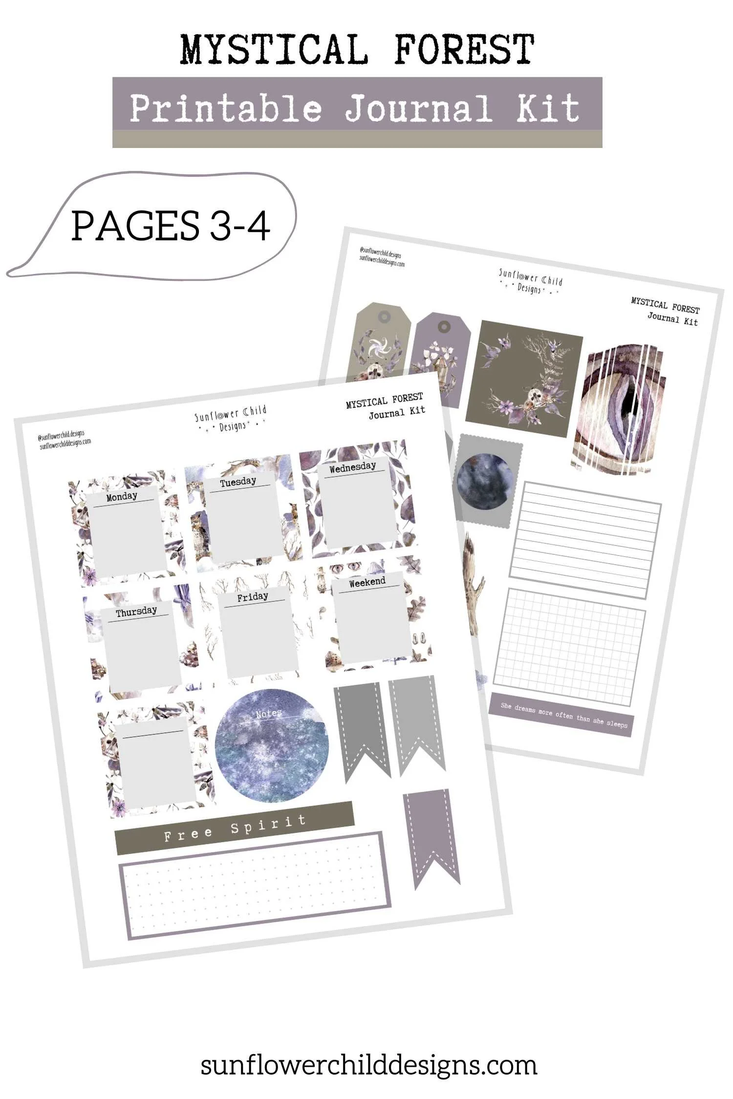 Mystical forest printable planner sticker sheets with moon phases, woodland animals, and decorative journal elements