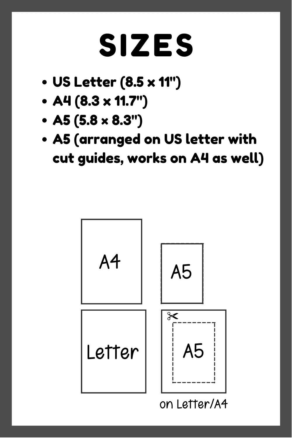Media tracker printable bundle size options including US Letter, A4, and A5 formats