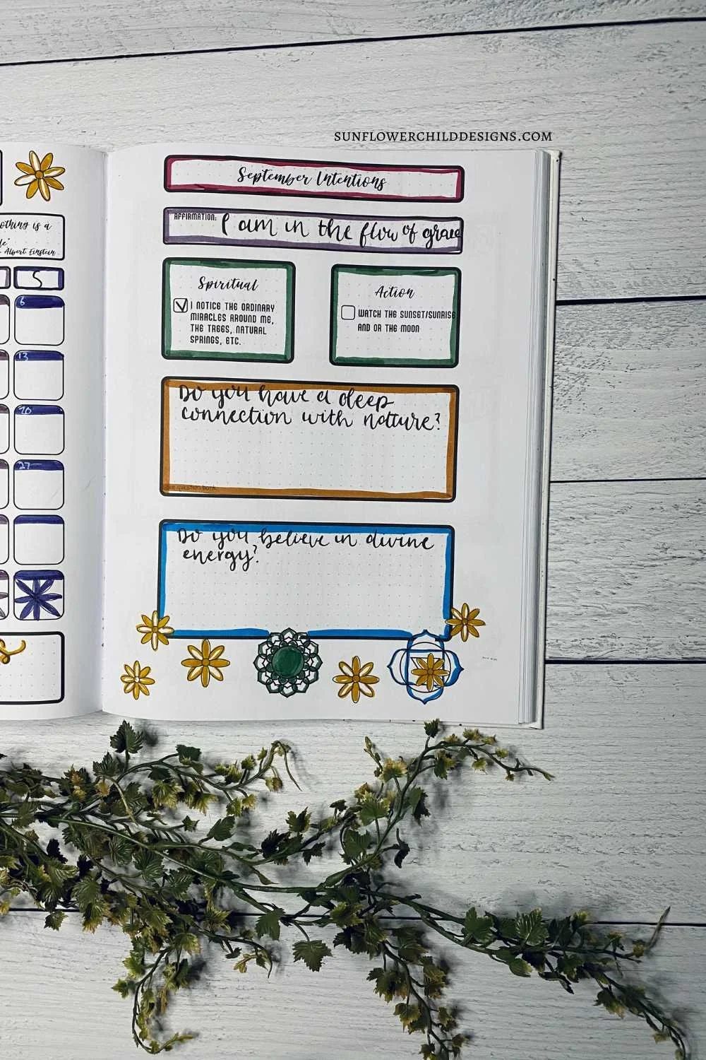 September bullet journal intentions page from a chakra-themed guided journal, featuring printed Spirit and Action sections with an option to customize in other versions.