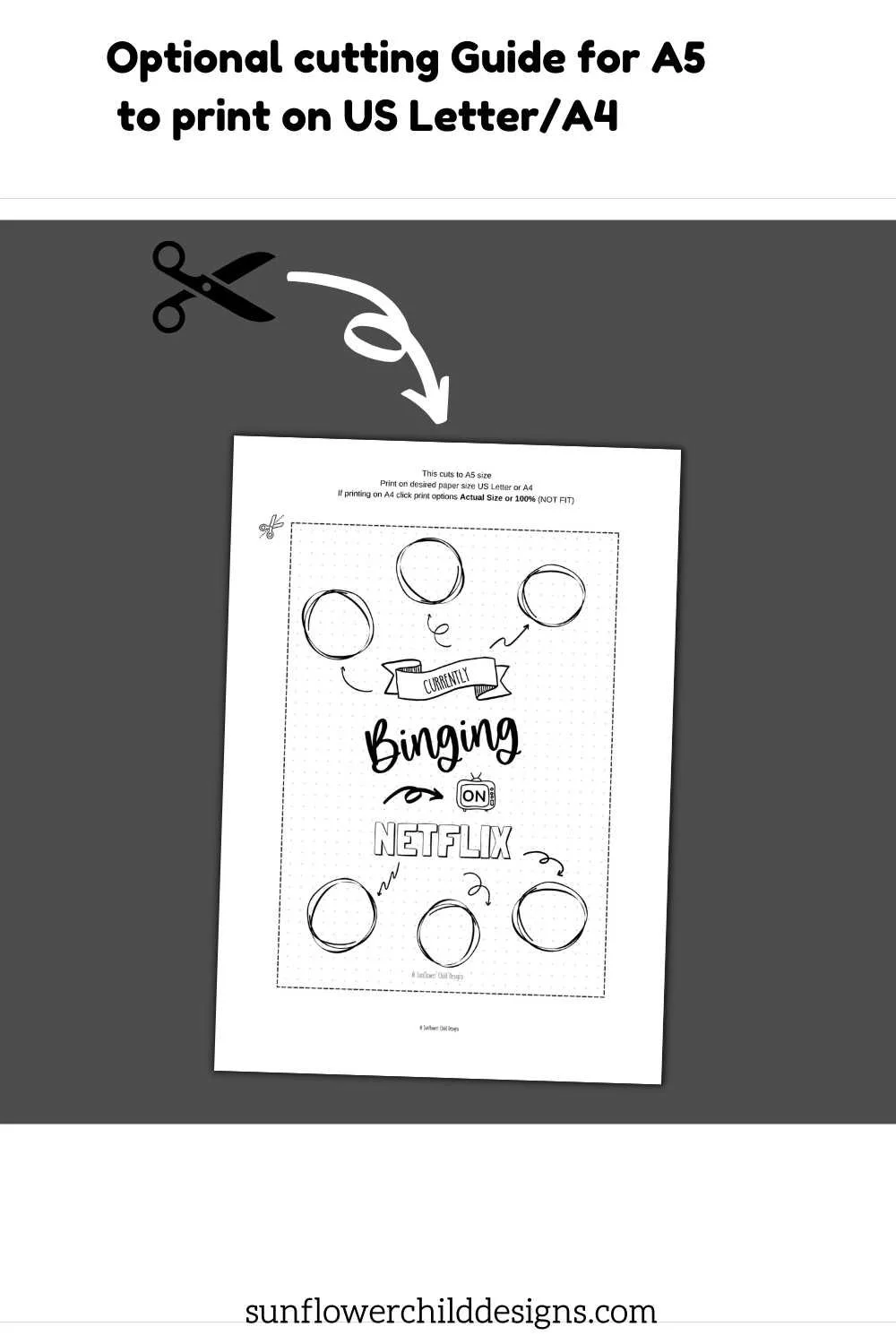Printable media tracker page arranged for cutting to A5 size with trim guides
