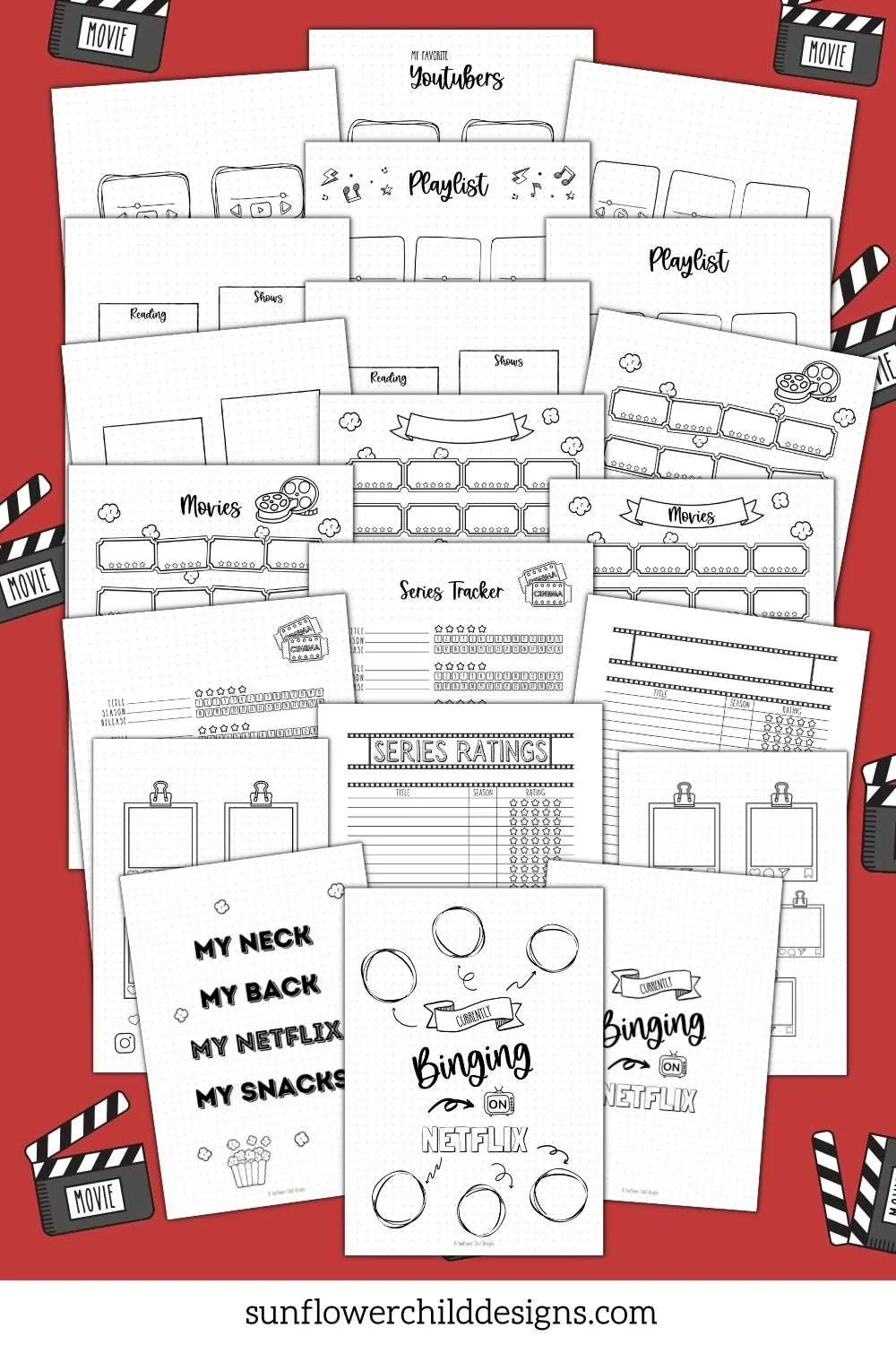 Media tracker printable pages showing movie logs, binge trackers, rating sheets, and playlist tracking layouts