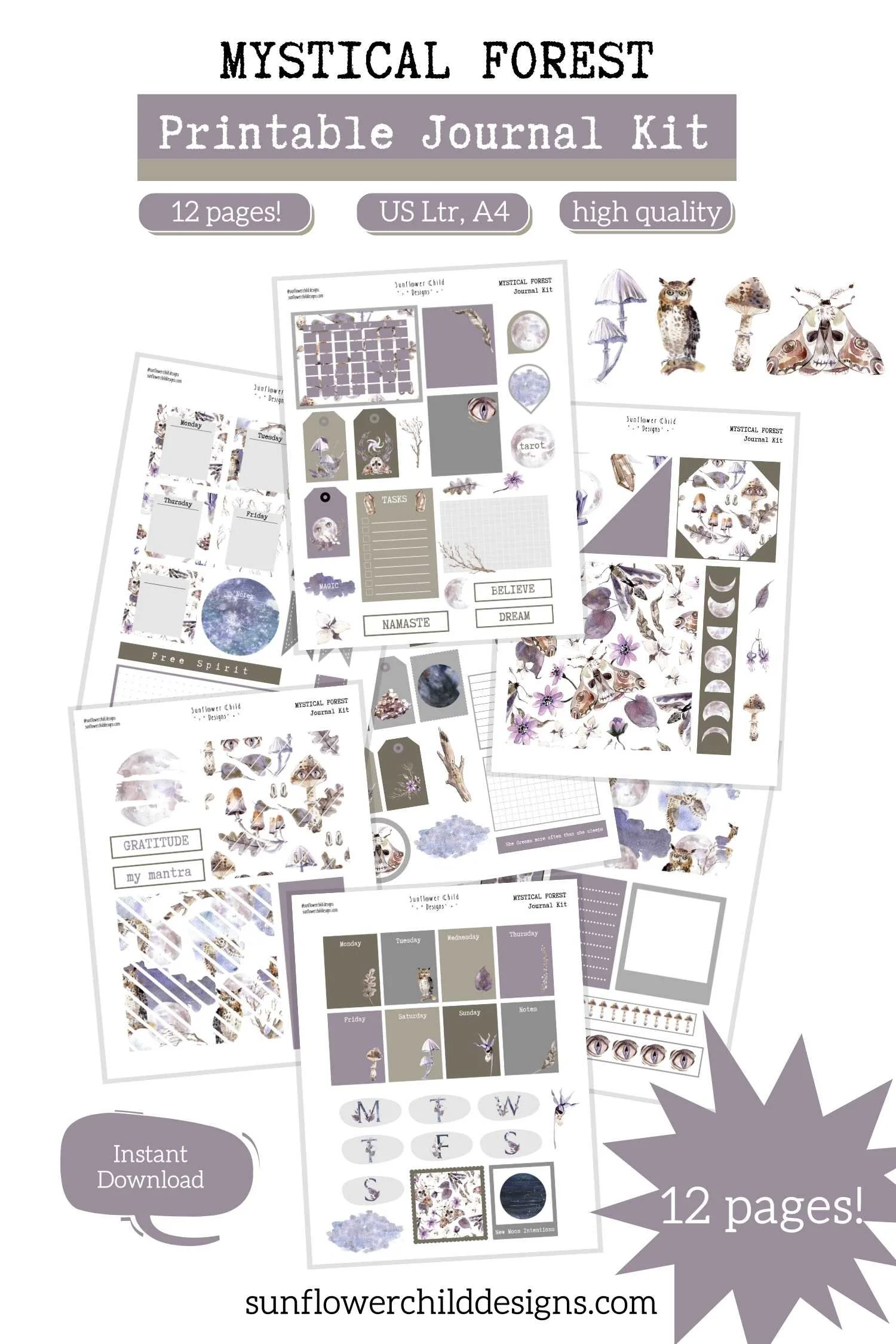 Mystical forest printable journal kit featuring 12 pages of woodland, celestial, and nature-inspired planner stickers