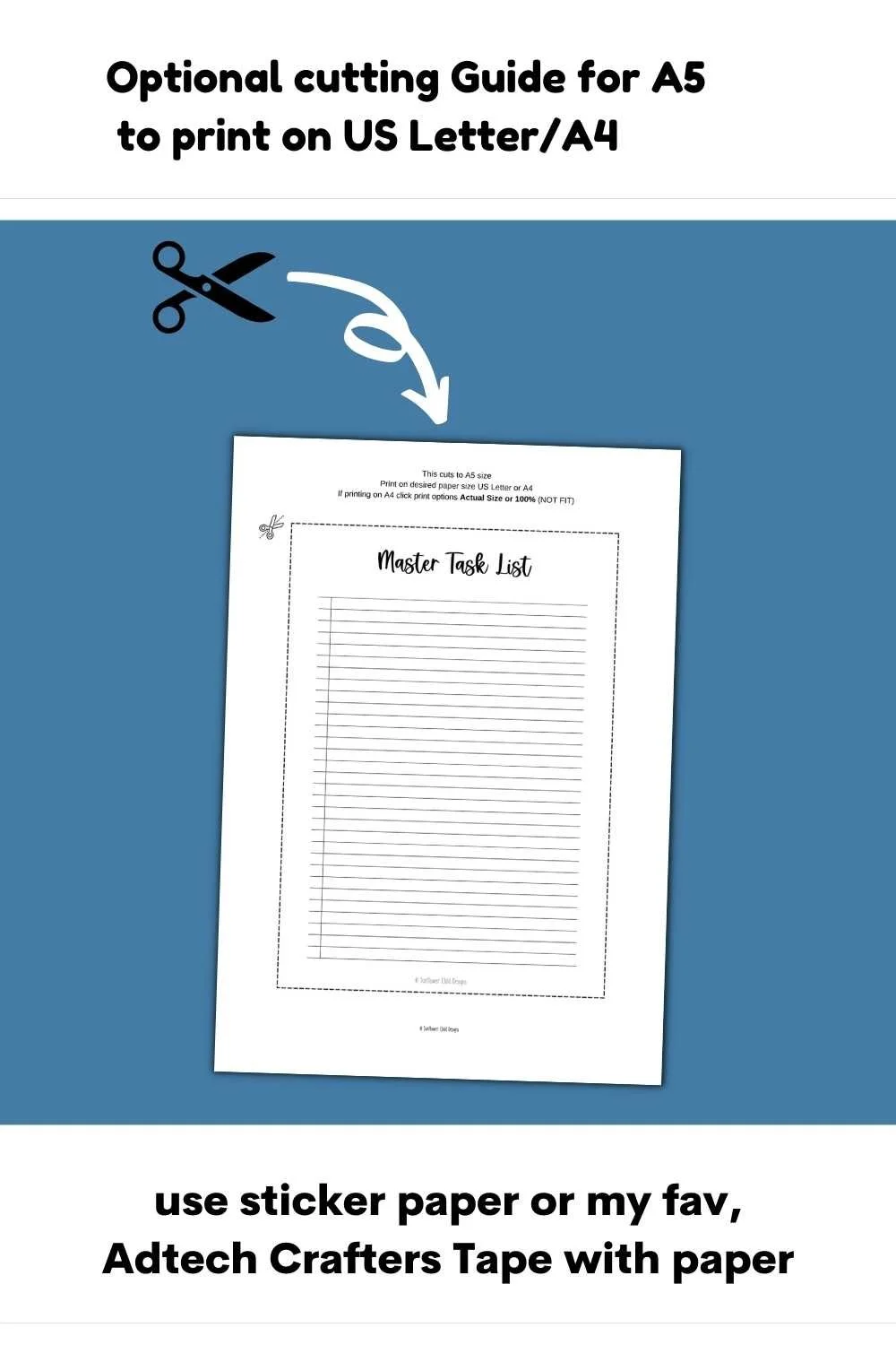 A5 master task list printable with optional cutting guide for printing on US Letter or A4