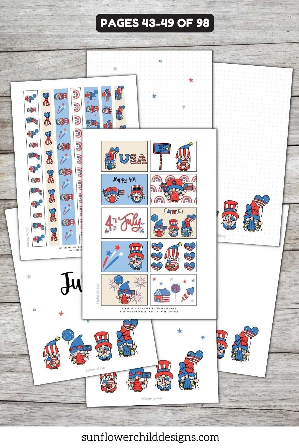 July themed gnome printable planner stickers with patriotic elements