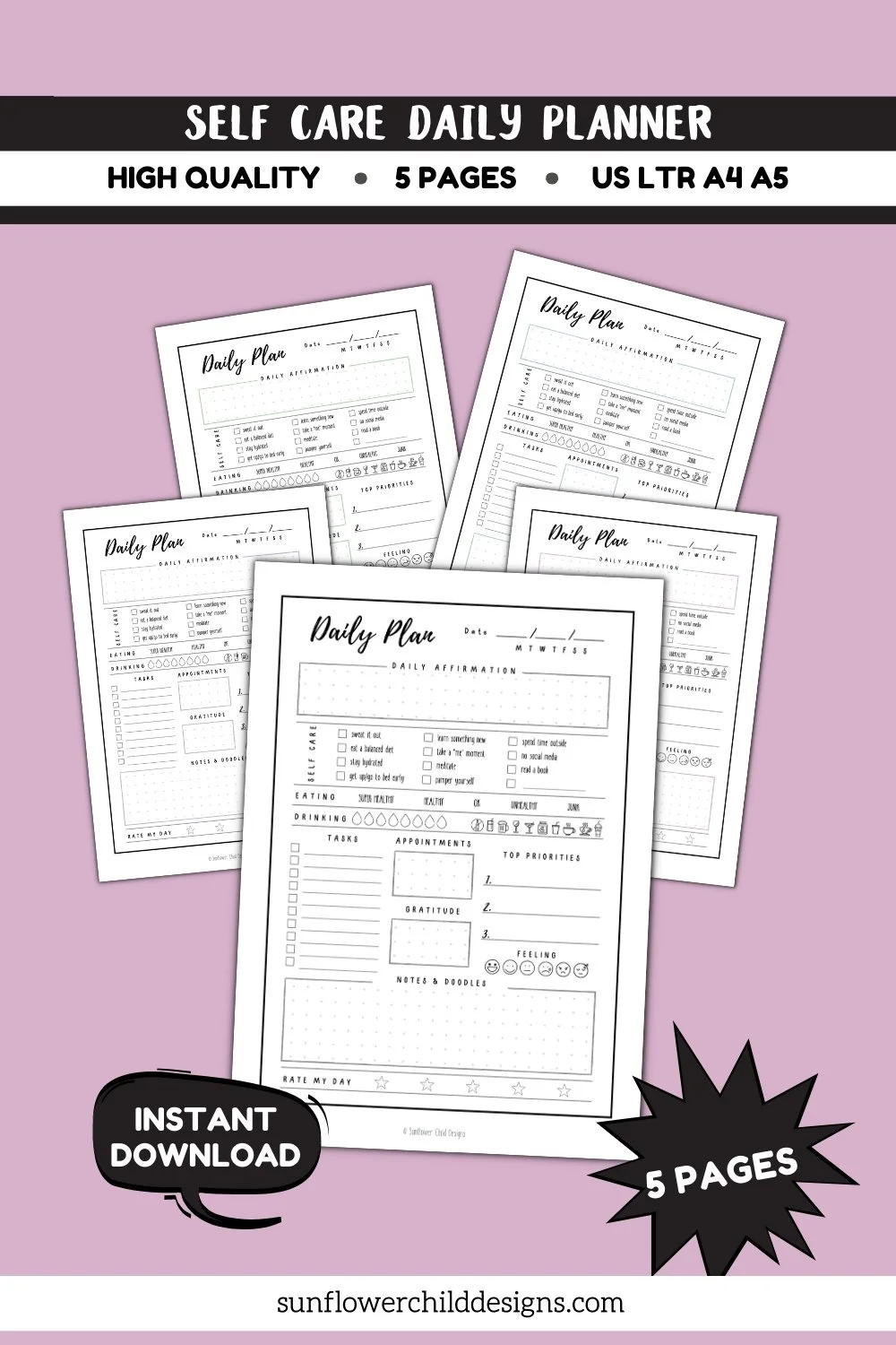Self care daily planner printable pages minimalist edition featuring 5 daily planning layouts in US Letter, A4, and A5 sizes