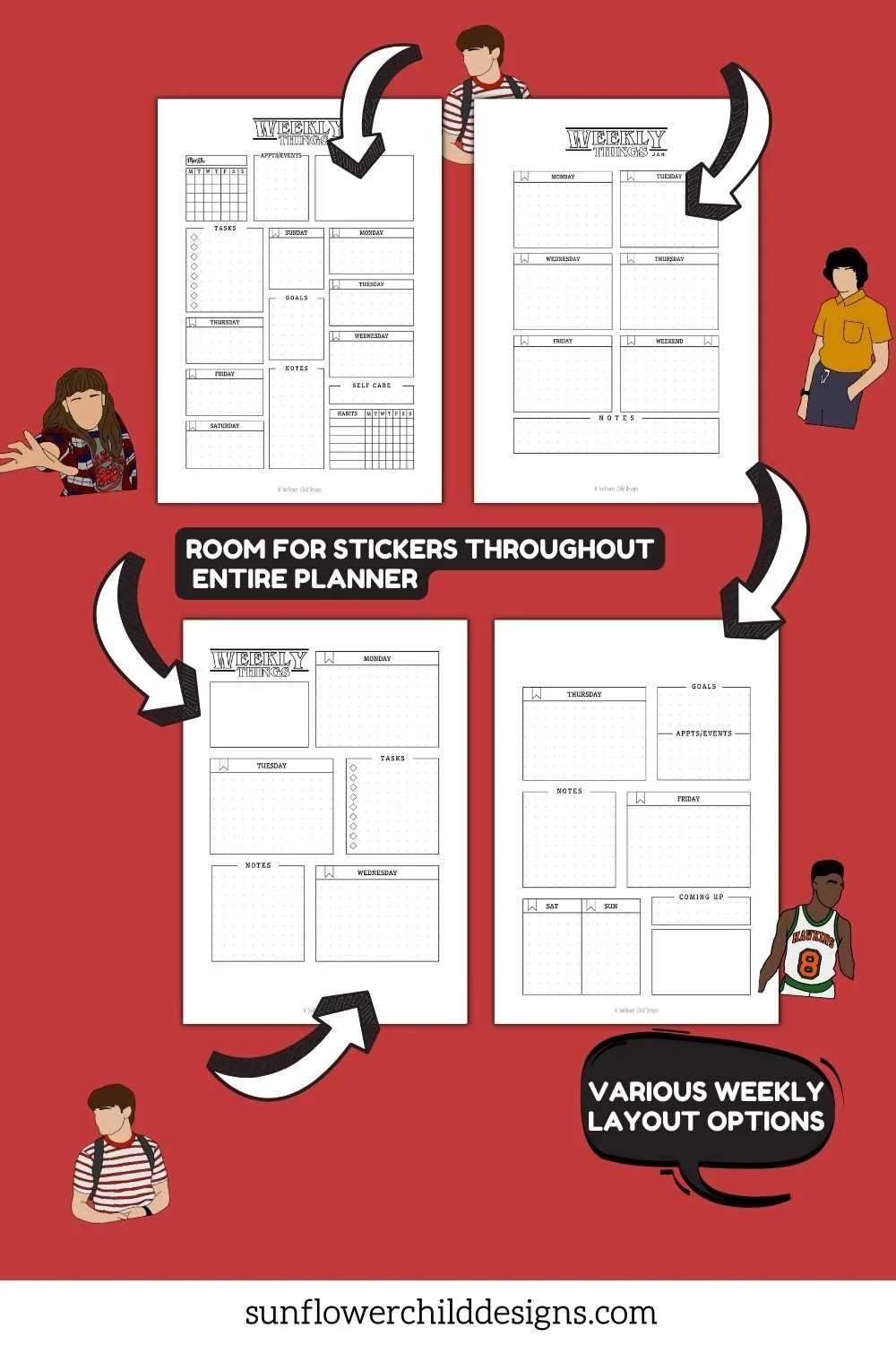Printable weekly planner spreads with space for stickers and decorative elements