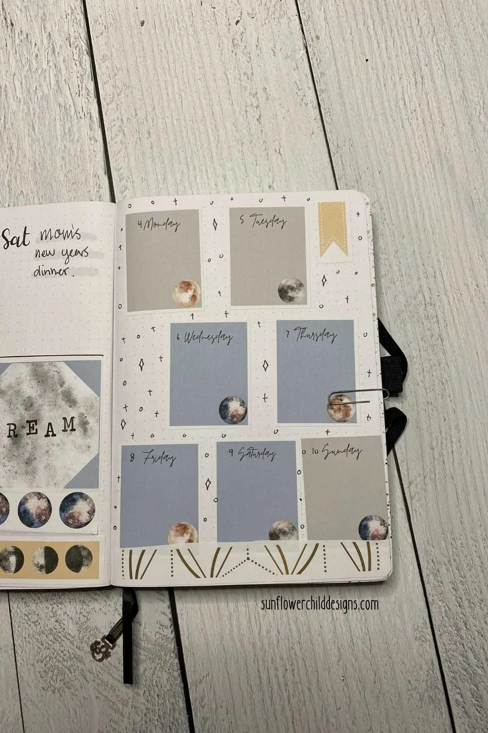 Full moon themed journal page with moon graphics, journaling prompts, and decorative sticker accents
