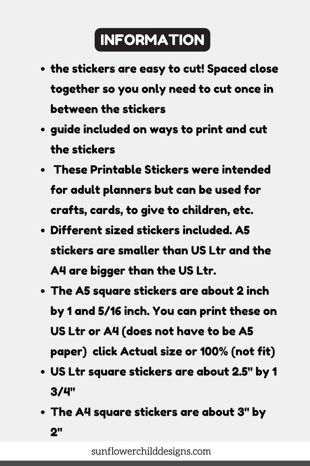 Printable sticker sizing and printing instructions for US Letter and A5 formats