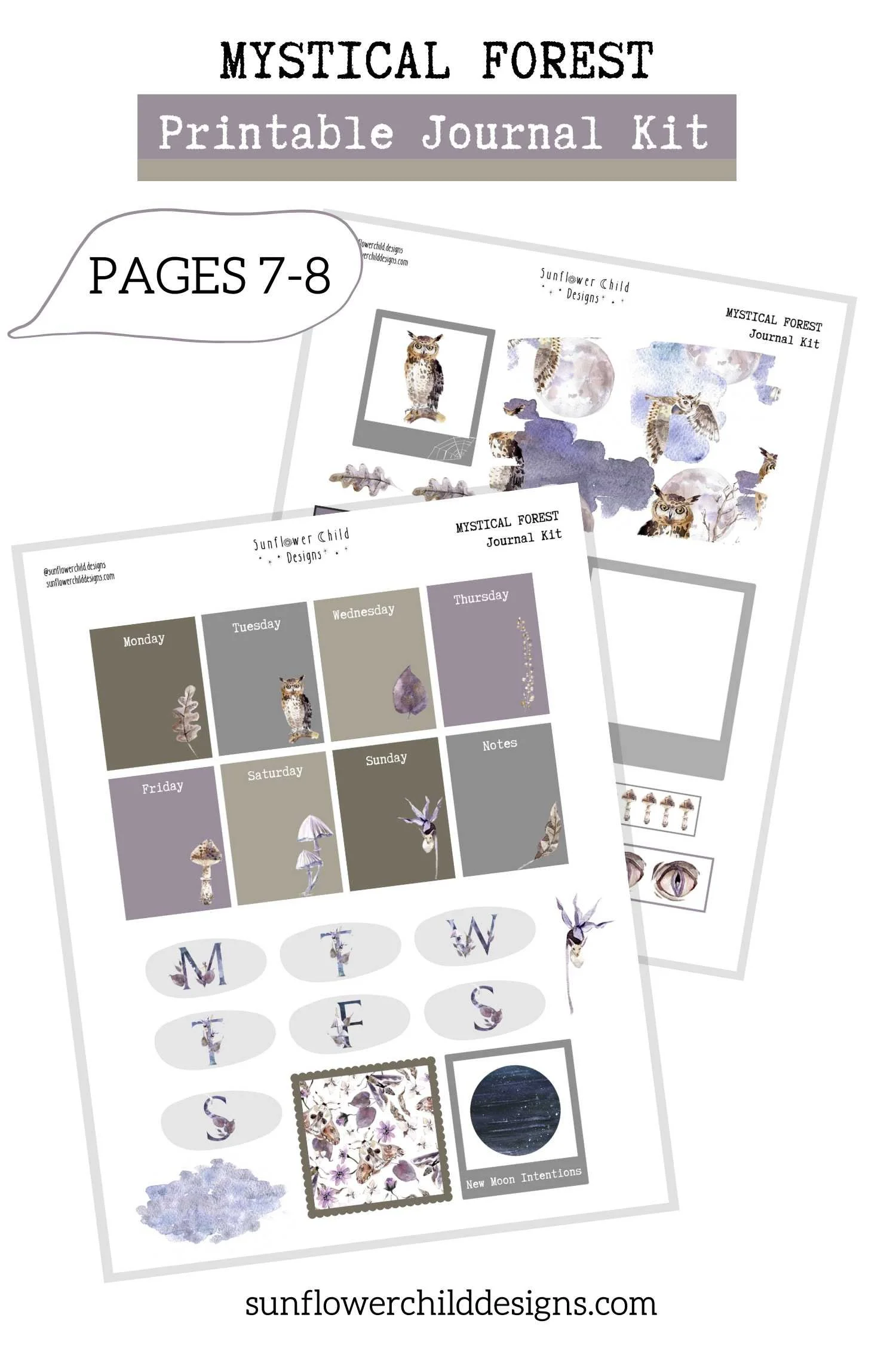 Nature-inspired planner sticker pages featuring moon graphics, labels, and coordinating decorative strips