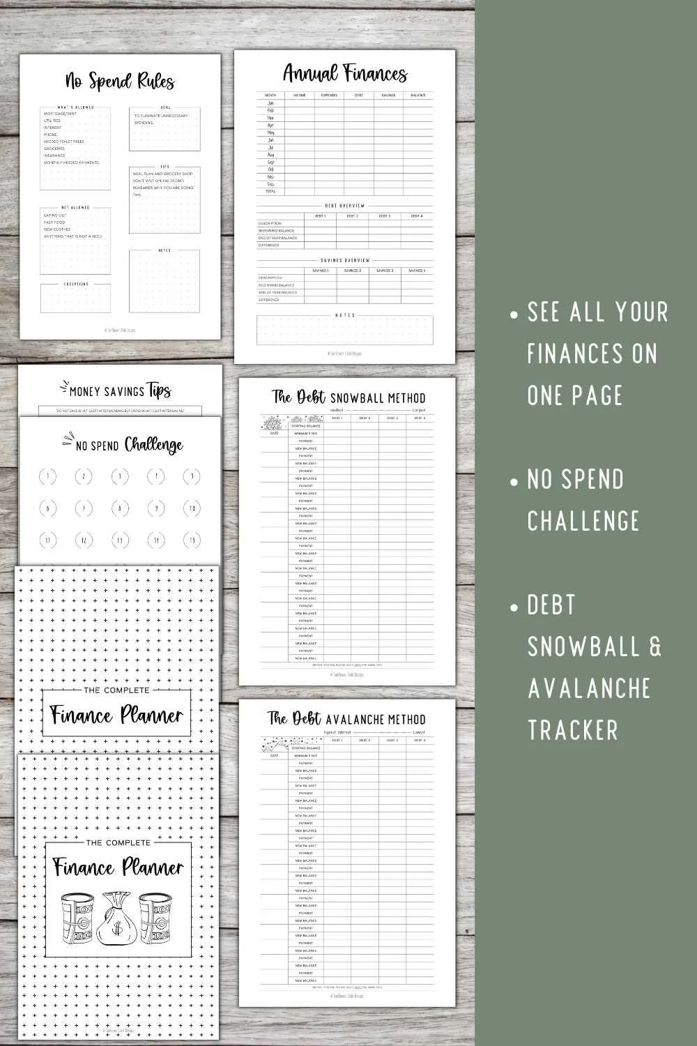 Printable debt snowball, debt tracker, and overall financial summary pages.