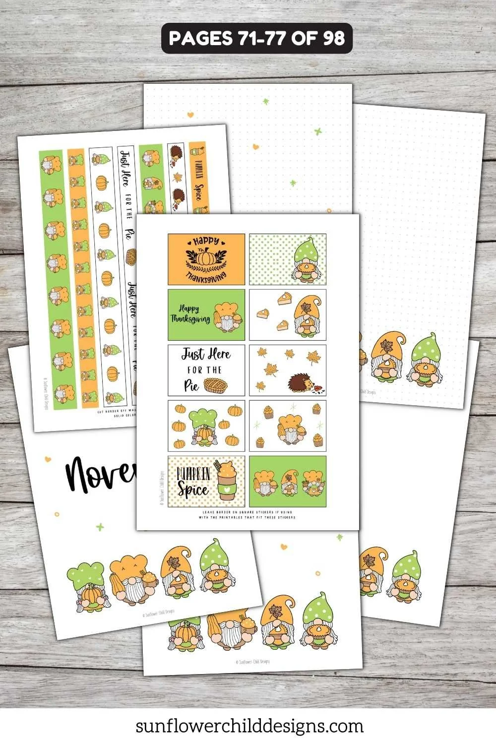 November thanksgiving themed gnome planner sticker sheets with fall harvest colors, decorative icons, and coordinating washi strips