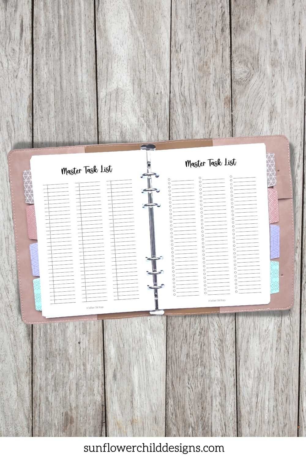 One, two, and three column master task list printable pages shown in planner binder