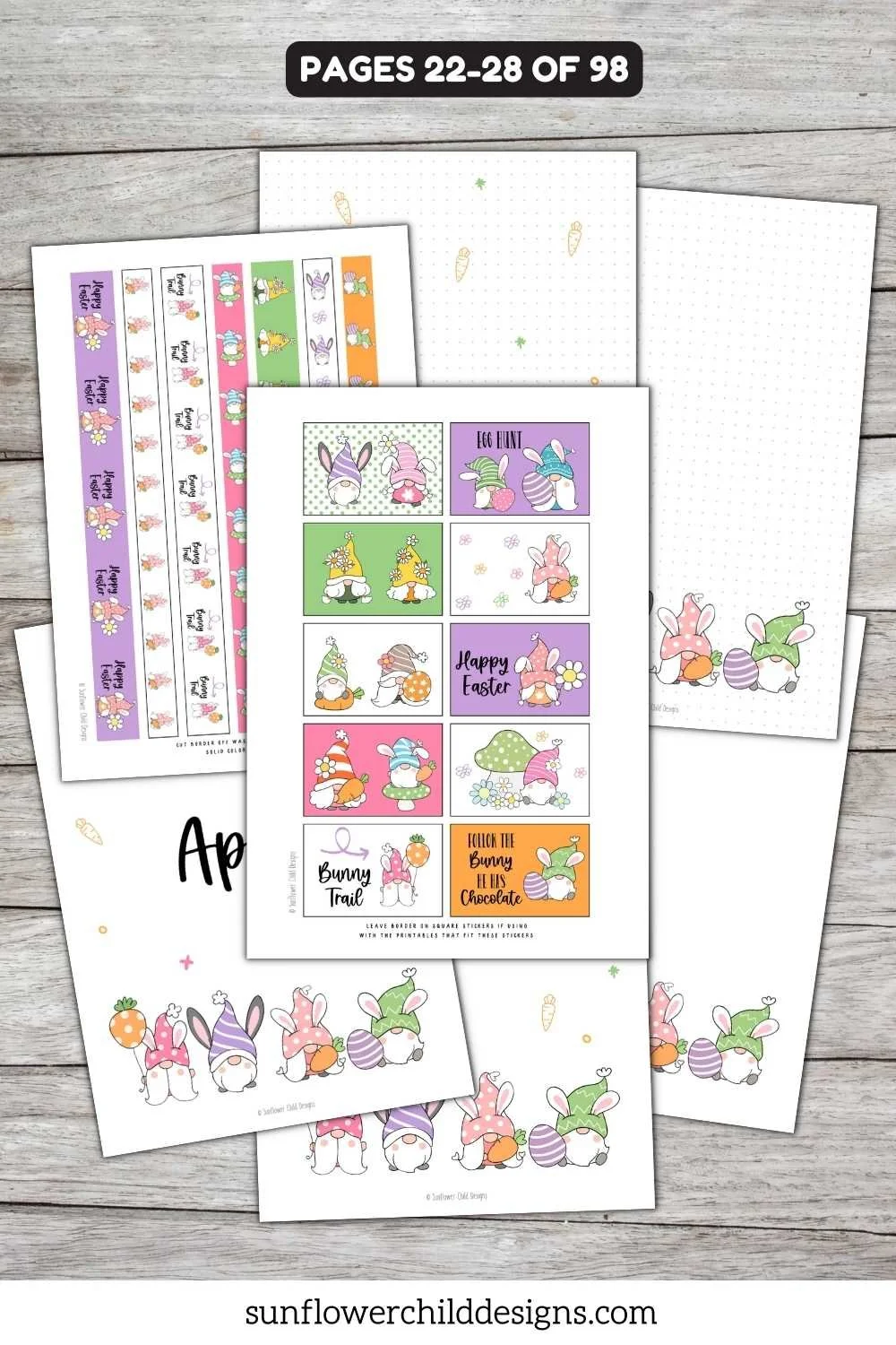 April easter themed printable gnome planner stickers with pastel spring elements.