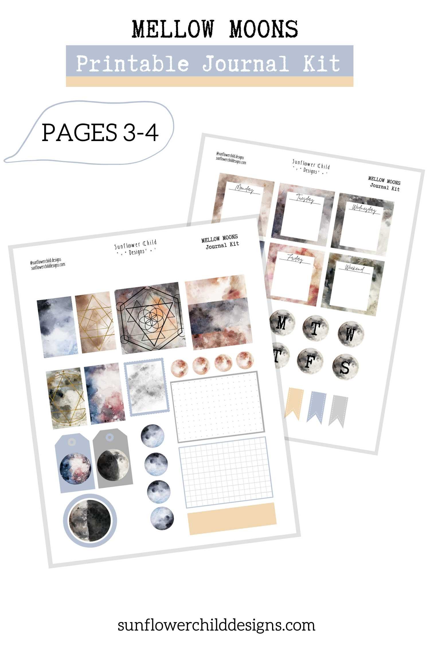 Lunar themed printable journal stickers with moon textures, neutral aesthetic boxes, and decorative strips