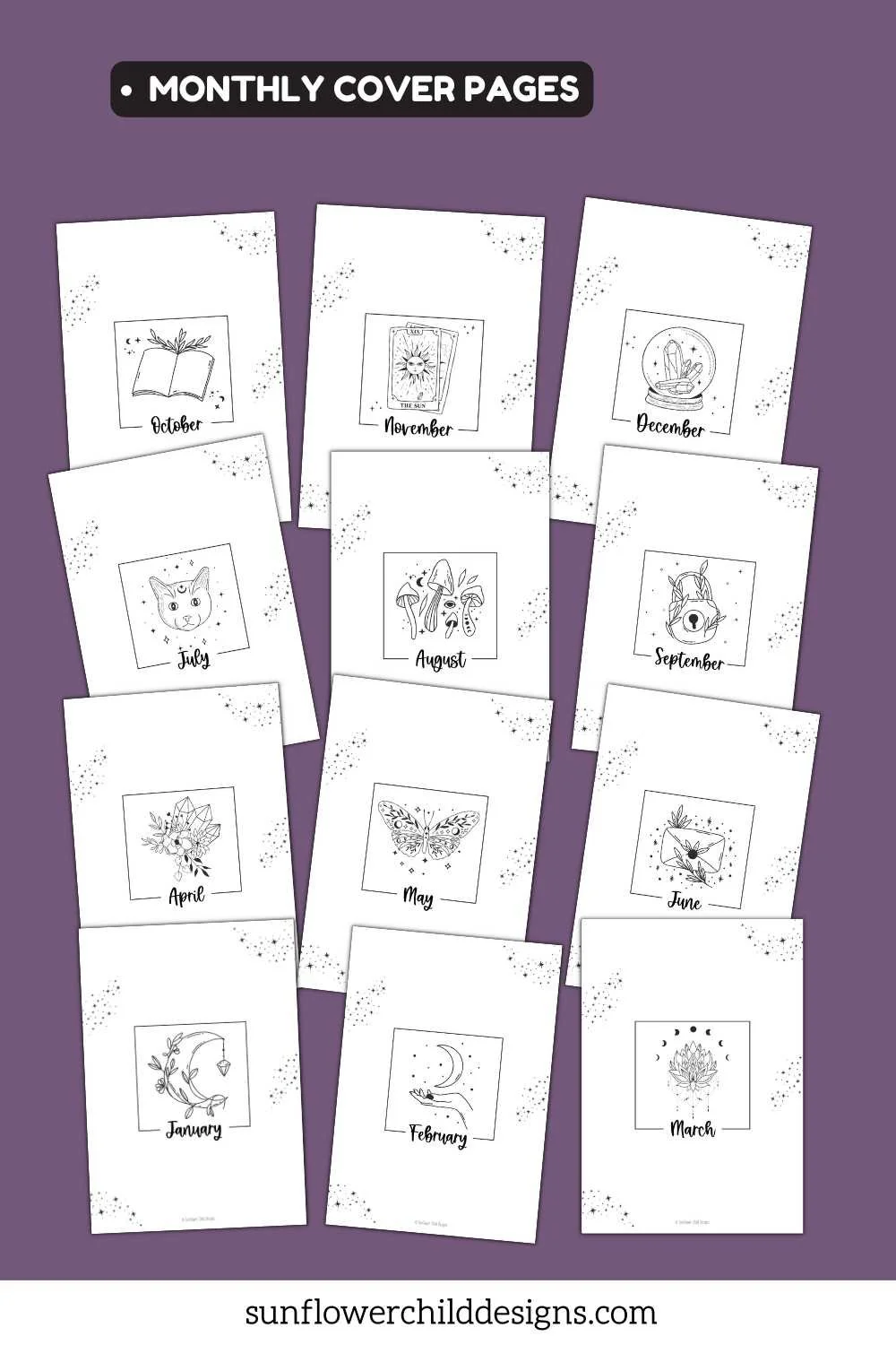 Witchy lunar planner printable pages including moon tracking and decorative journal spreads