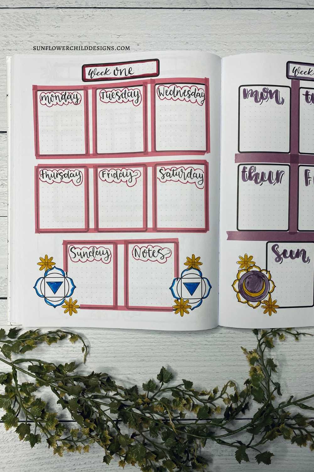 eptember weekly bullet journal spread featuring a chakra theme, with all days of the week on one page and bordered sections for each day.