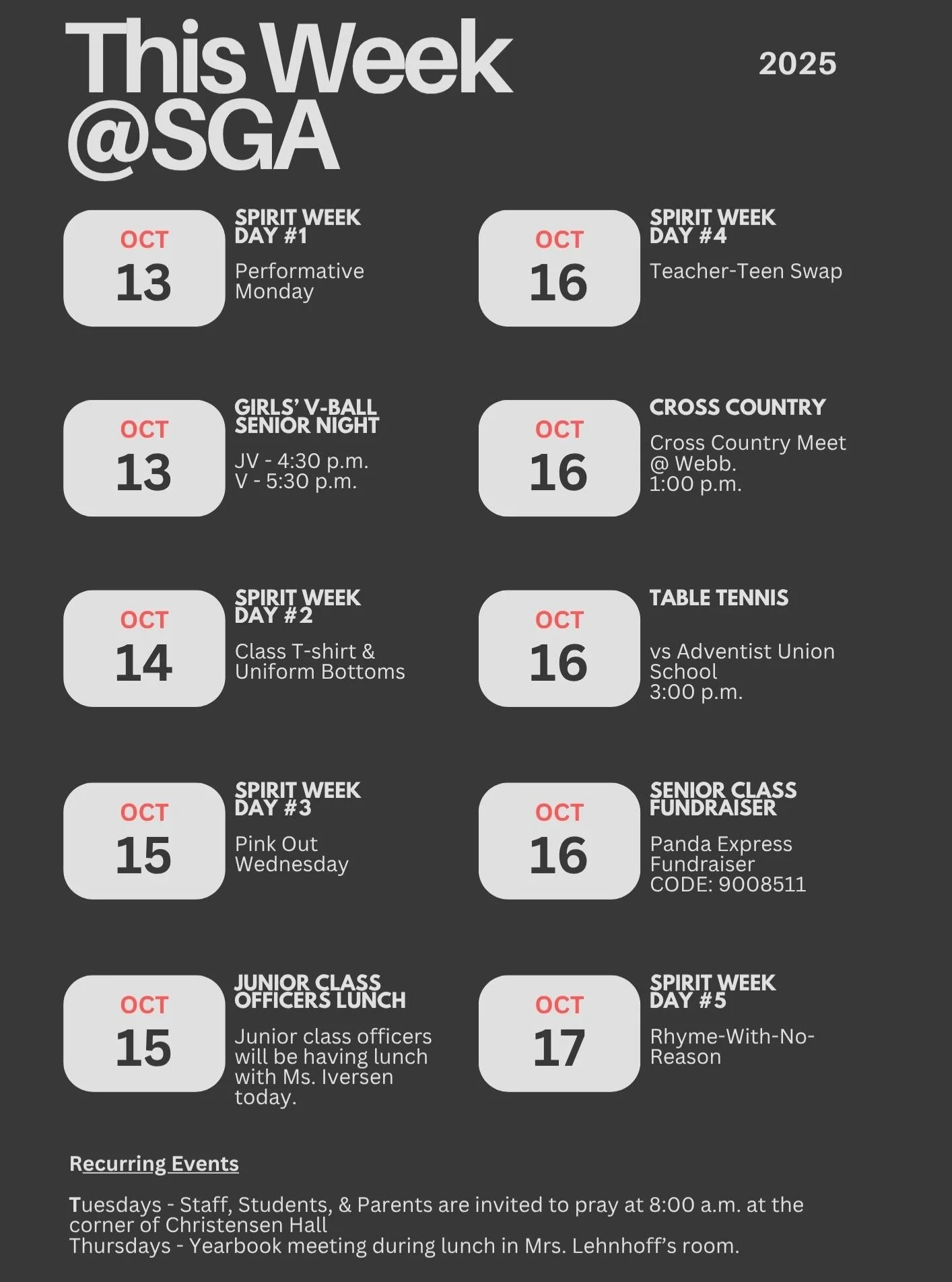 Check out what's happening at SGA this week.