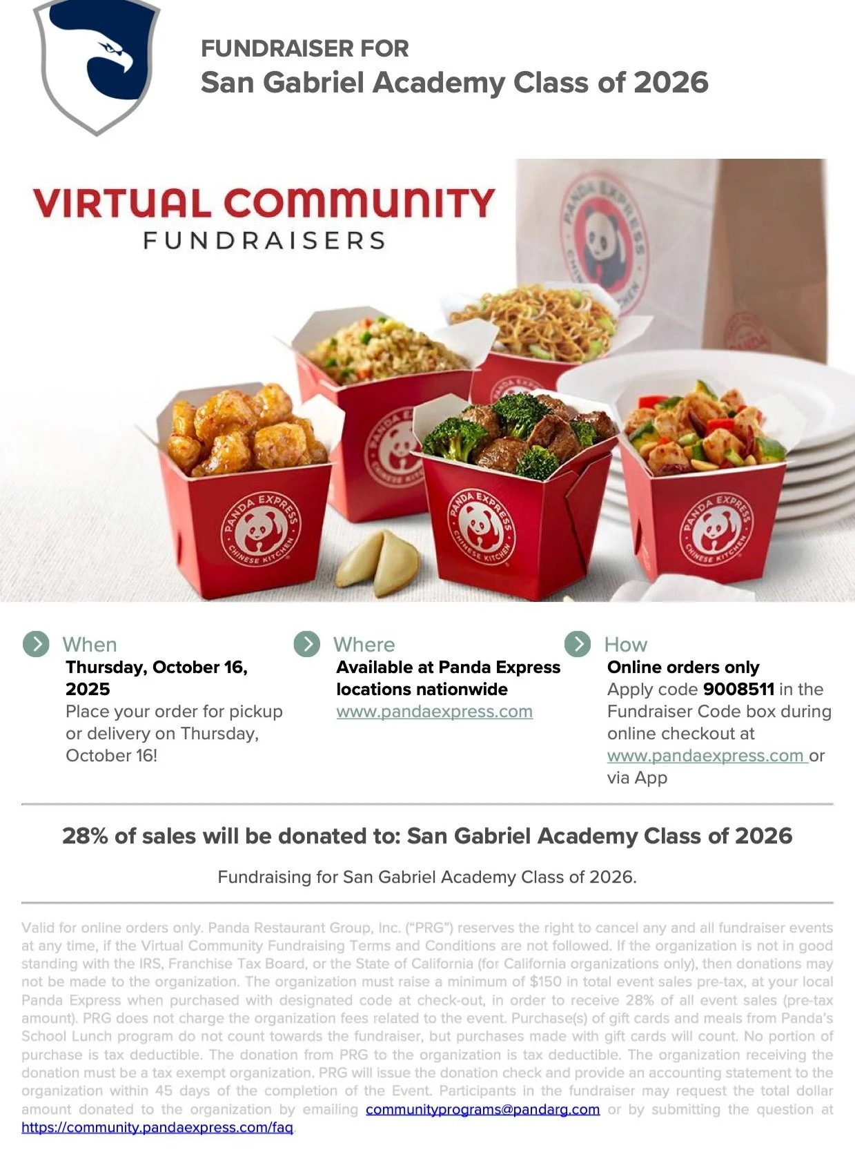 Support the Senior class by purchasing food from Panda Express this Thursday, October 16. You must order online and use the code 9008511 so the Senior class will get credit for the order. 28% of sales will be donated to the Class of 2026. Place your