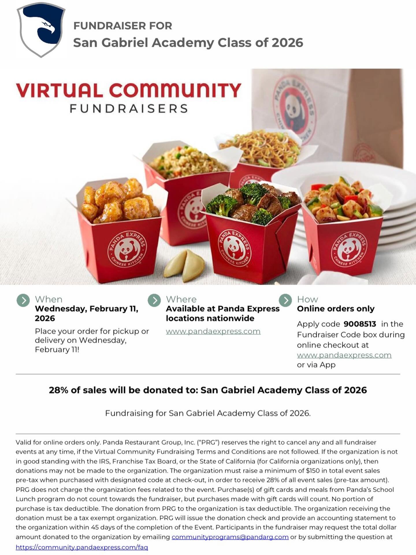 Support the SGA Senior Class this Wednesday, 2/11/26. Orders must be placed online or on the app. The fundraising code is 9008513. Thank you for your support!