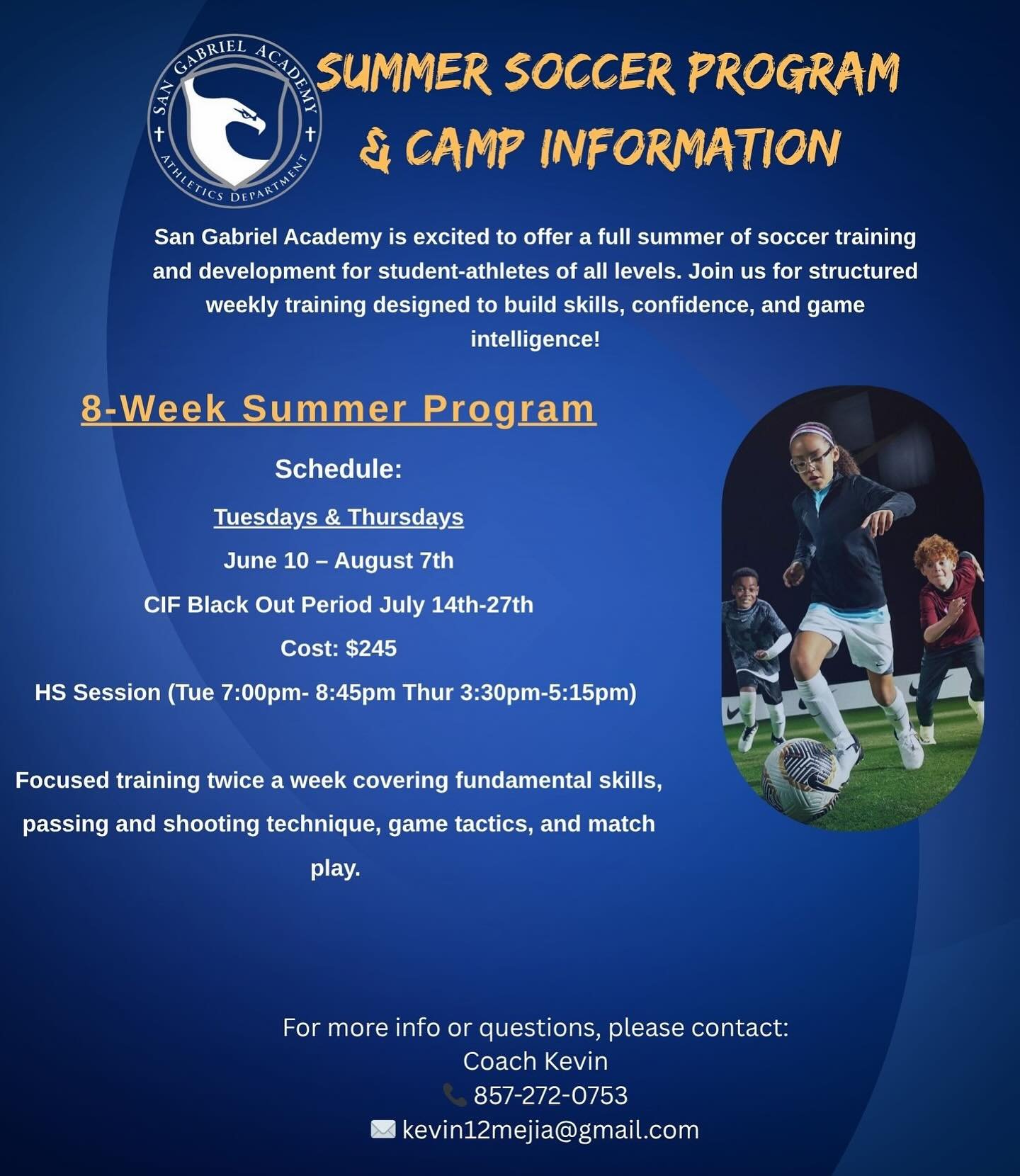 Calling all high school-aged soccer players! Come join Coach Kevin for structured development sessions and build your soccer skills, confidence, and game knowledge. This 8-week program meets twice a week, Tuesdays (7:00-8:45 pm) and Thursdays (3:30-5