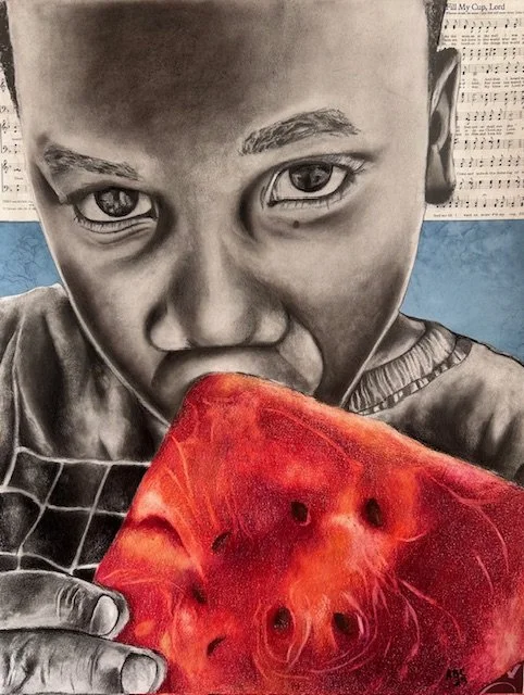 "A Taste of Prosperity-Portrait of DeShawn", Mixed Media, 2025, 18 in x 24 in