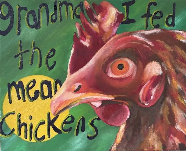 Grandma’s chickens, Oil on Canvas, 2023,  16 in. x 20 in.