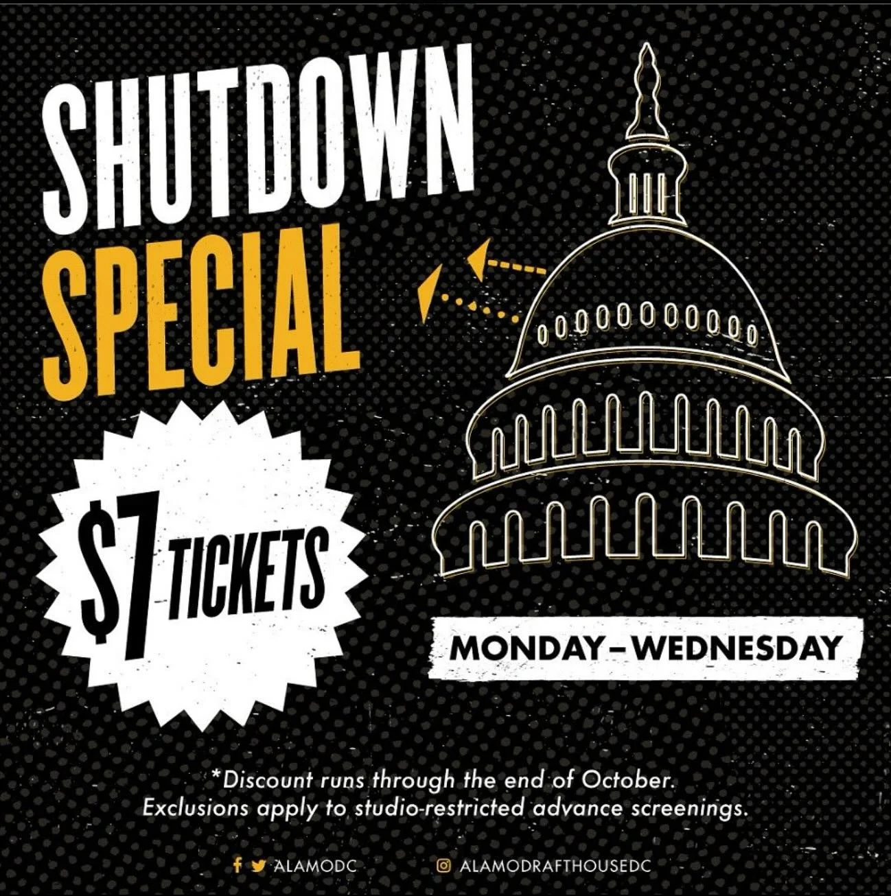 @alamodrafthousedc is rolling out $7 tickets Monday&ndash;Wednesday all October long. Whether you need a midweek pick-me-up or a reason to unplug, this deal is your sign. Grab your crew, find your seat, and let the big screen do the rest. 🍿
📍One Lo