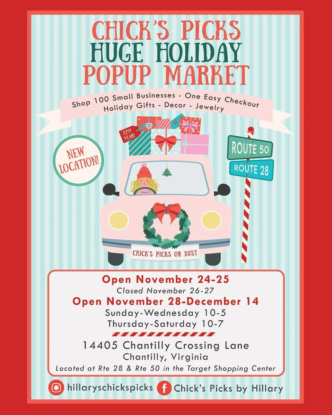 🎀 @hillaryschickspicks PopUp- NoVa&rsquo;s LARGEST GIFT PopUp Shop for 22 years! 

🎀 Featuring &hellip;. 80 vendors in 18000 sq ft w/ One Checkout. GIFTS! Jewelry. Holiday Decor.  Vintage. Gourmet. Local. 

🎀 Popping OPEN
Open: 11/24-25 
Closed: 1