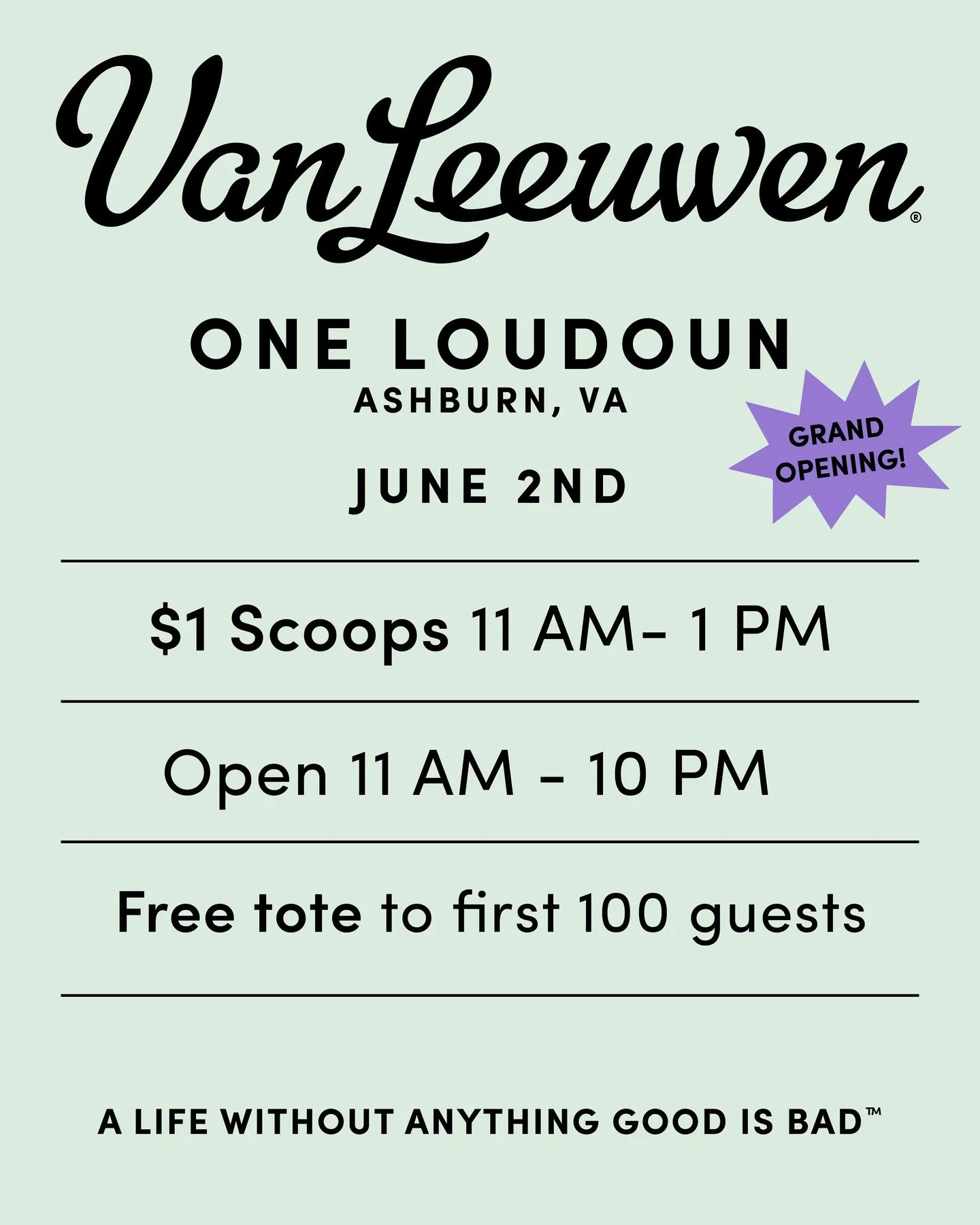 @vanleeuwenicecream is officially open at One Loudoun!

Join us for our grand opening celebration and enjoy $1 scoops from 11AM&ndash;1PM 🍦

Plus, the first 100 guests will receive a FREE Van Leeuwen tote 🎁

Come early, bring your friends, and kick