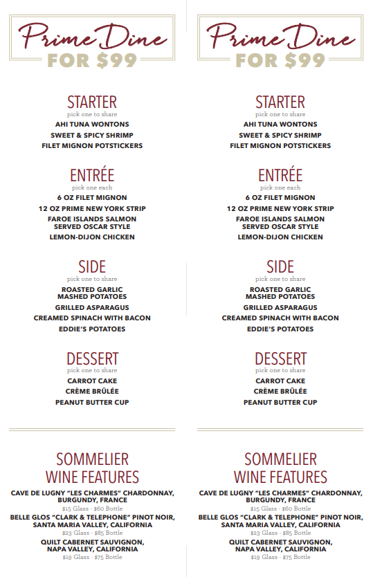 Eddie Merlot’s: Prime Dine for two $99 - Wednesdays