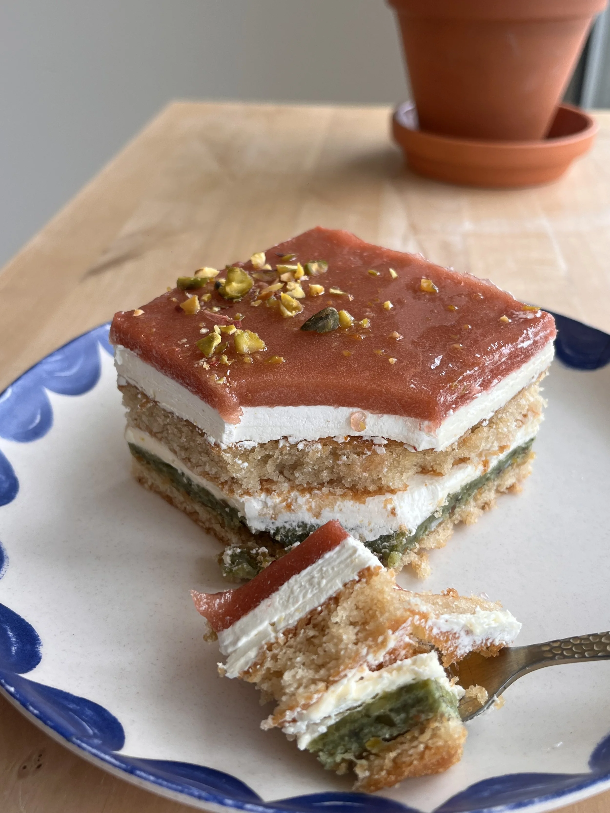Rhubarb Pistachio cardamon cake