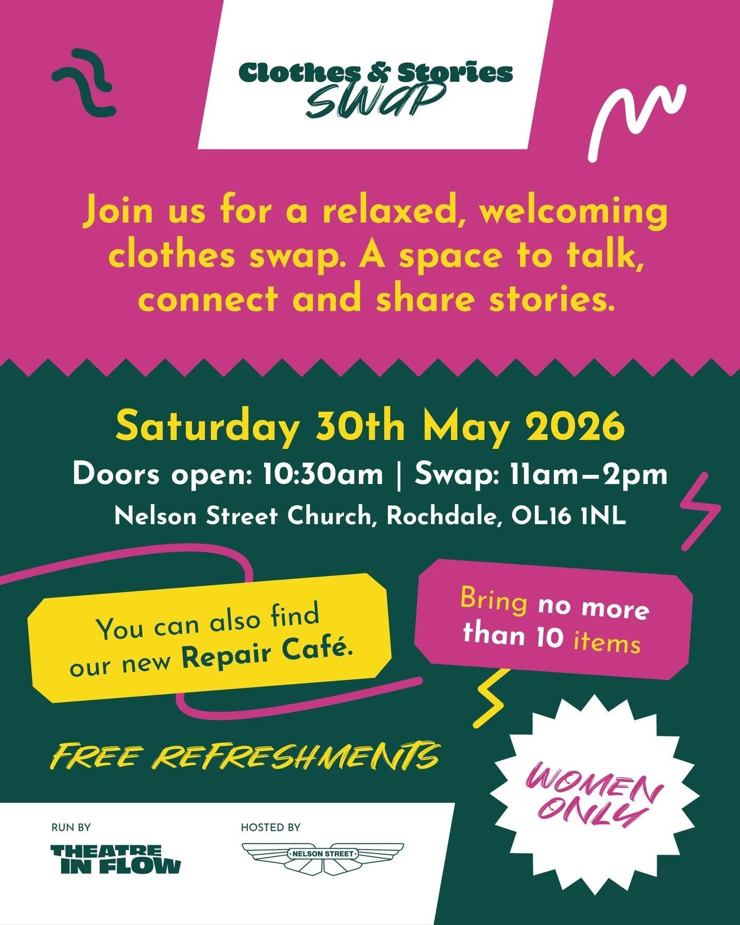 Our much loved Clothes &amp; Stories Swap is back this May, bringing together fashion, conversation and community.

Join us on Saturday 30th May at Nelson Street Church, Rochdale.

Doors open: 10:30am | Swap: 11am&mdash;2pm

Bring along no more than 