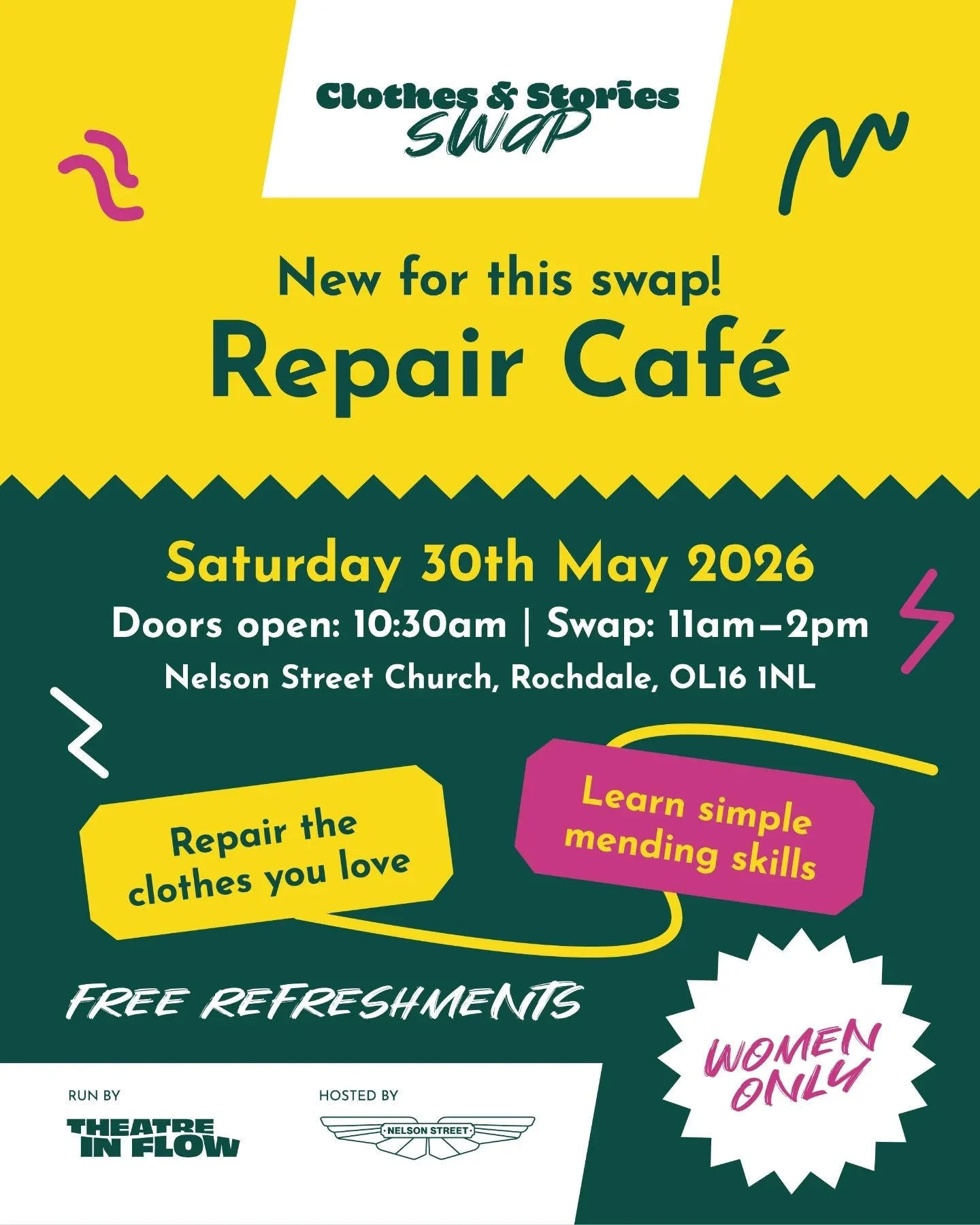 New for this swap &ndash; our Repair Caf&eacute;.

Got a favourite item that needs a small repair, alteration or bit of care before it can be worn again? Bring it along.

Throughout the day, you&rsquo;ll be able to learn simple repair techniques, use