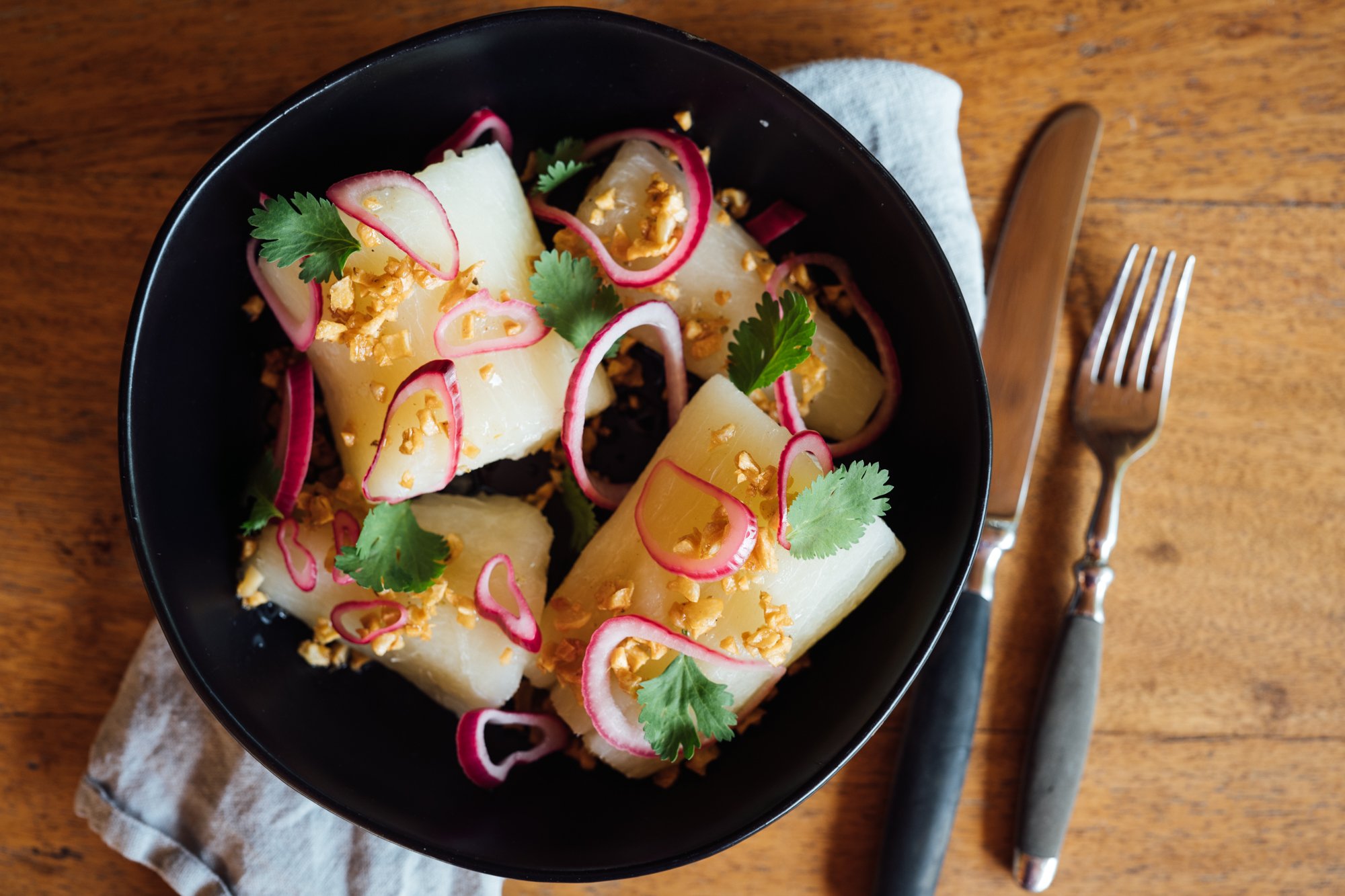 Yuca with Red Onions, Fried Garlic, and Cilantro