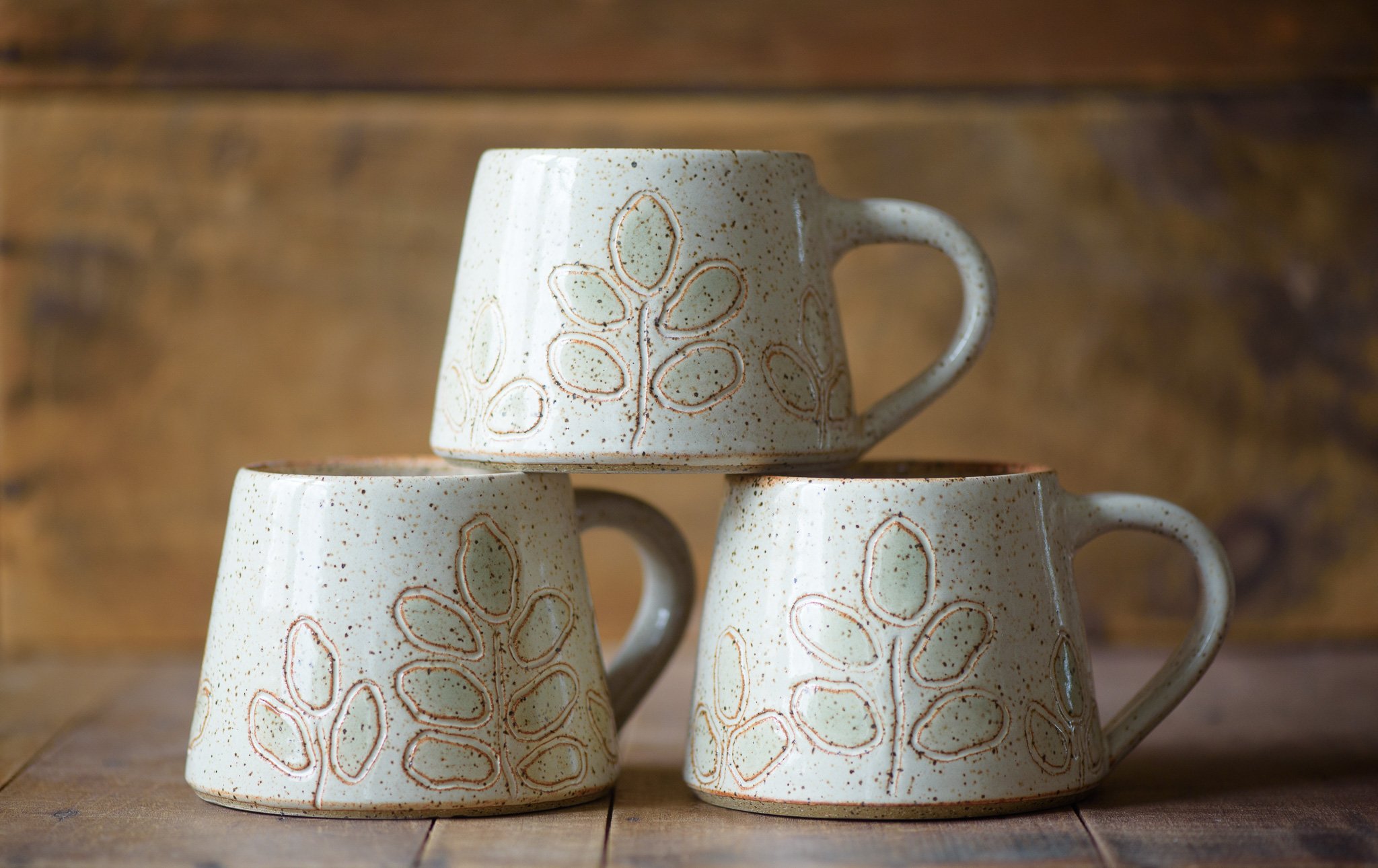 Hand Carved Stoneware Leaf Mug