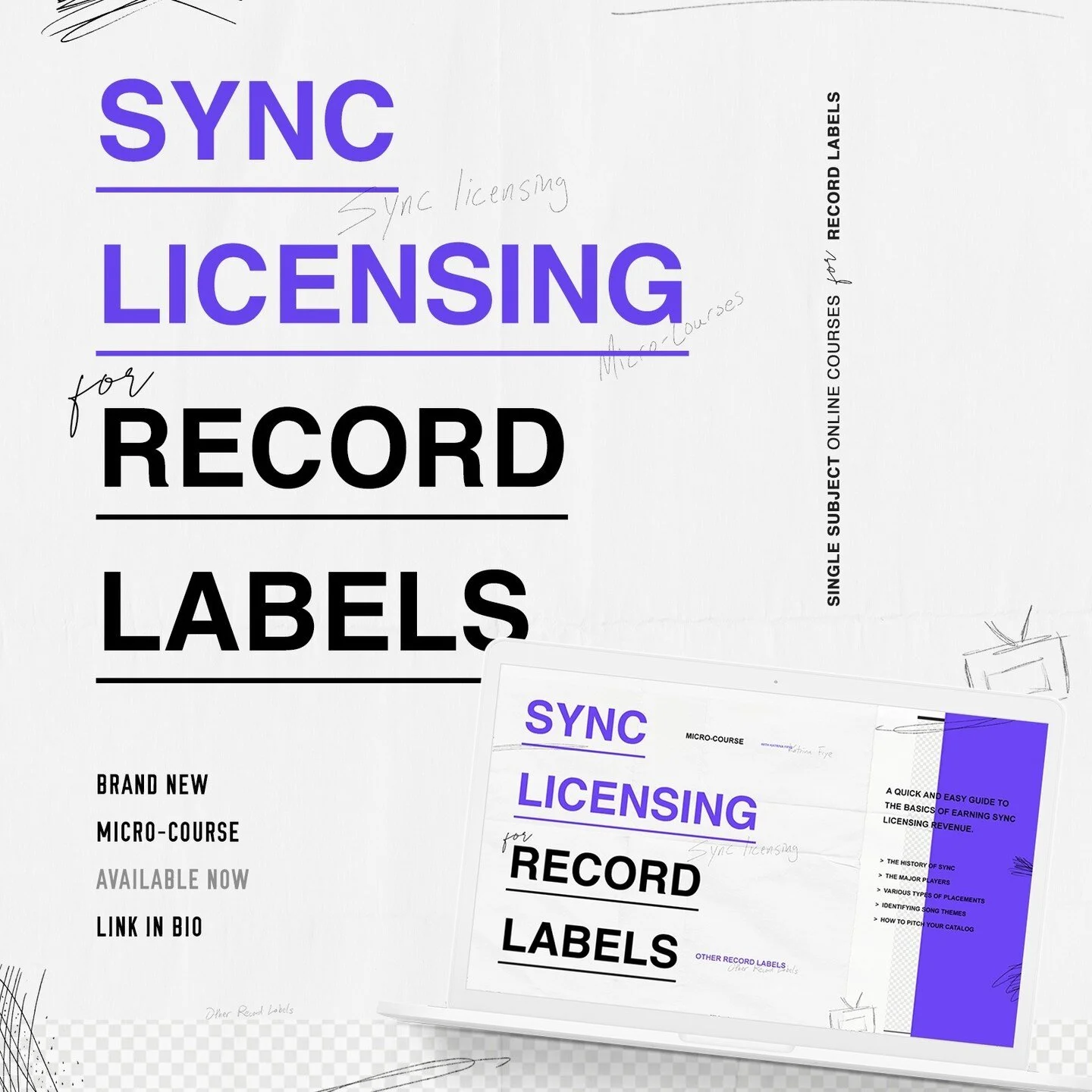Introducing our newest micro course, #SyncLicensing for #RecordLabels.  A single-subject online course with instructor Katrina Frye of @LaurettaRecords (Shameless, Superstore, Love Island, UberEats, Peloton).⁠
⁠
This in-depth course will give you a g