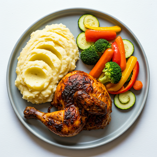 White Meat Meal Prep with Veggies: A fresh serving of white meat (chicken) with roasted vegetables and starch for a wholesome meal.