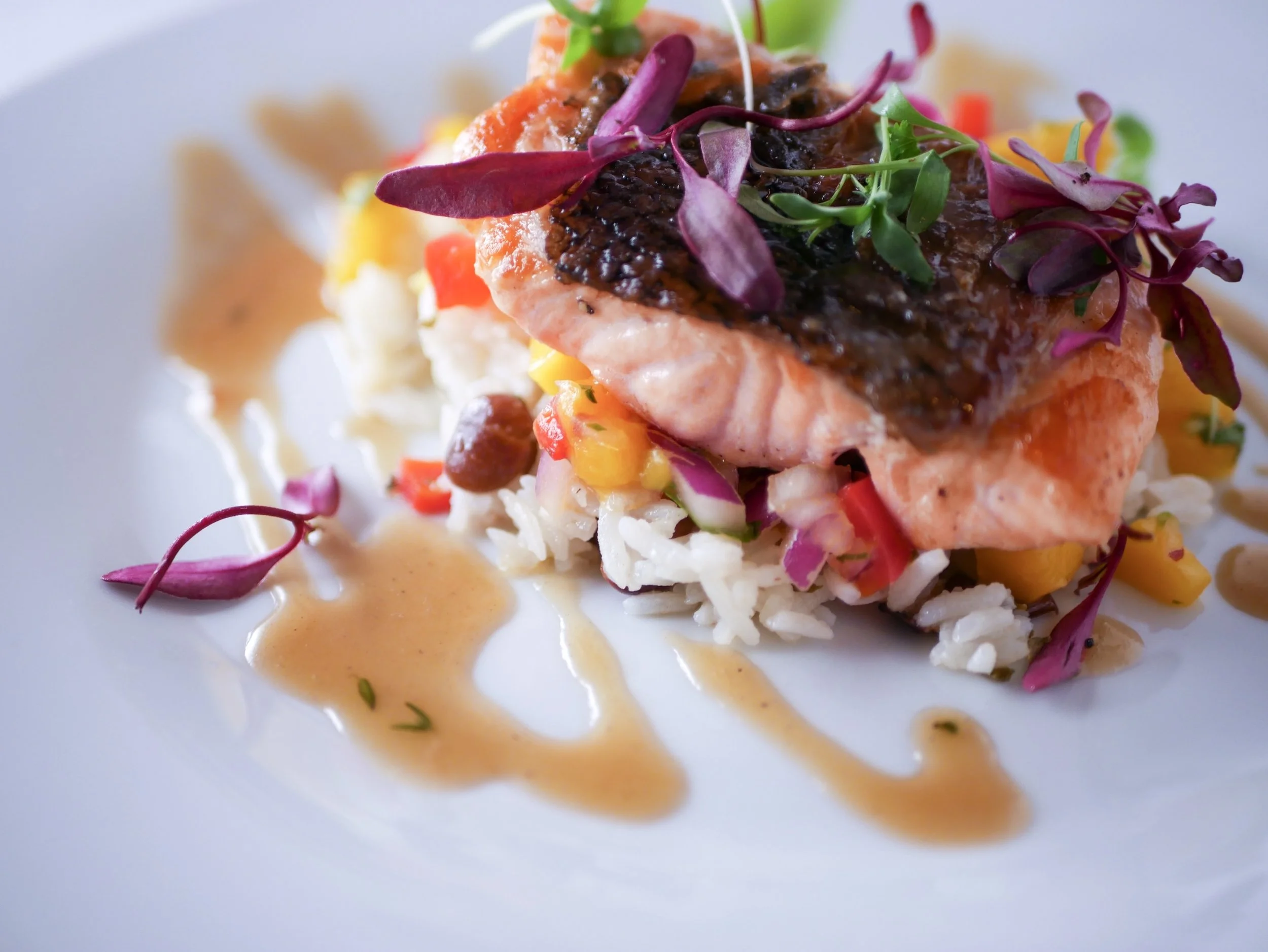 crispy skin salmon, seasonal, Caribbean flavors