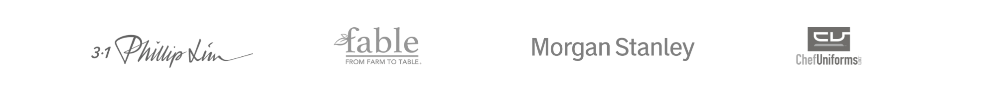 Selected client logos including Phillip Lim, Fable From Farm to Table, Morgan Stanley, and Chef Uniforms