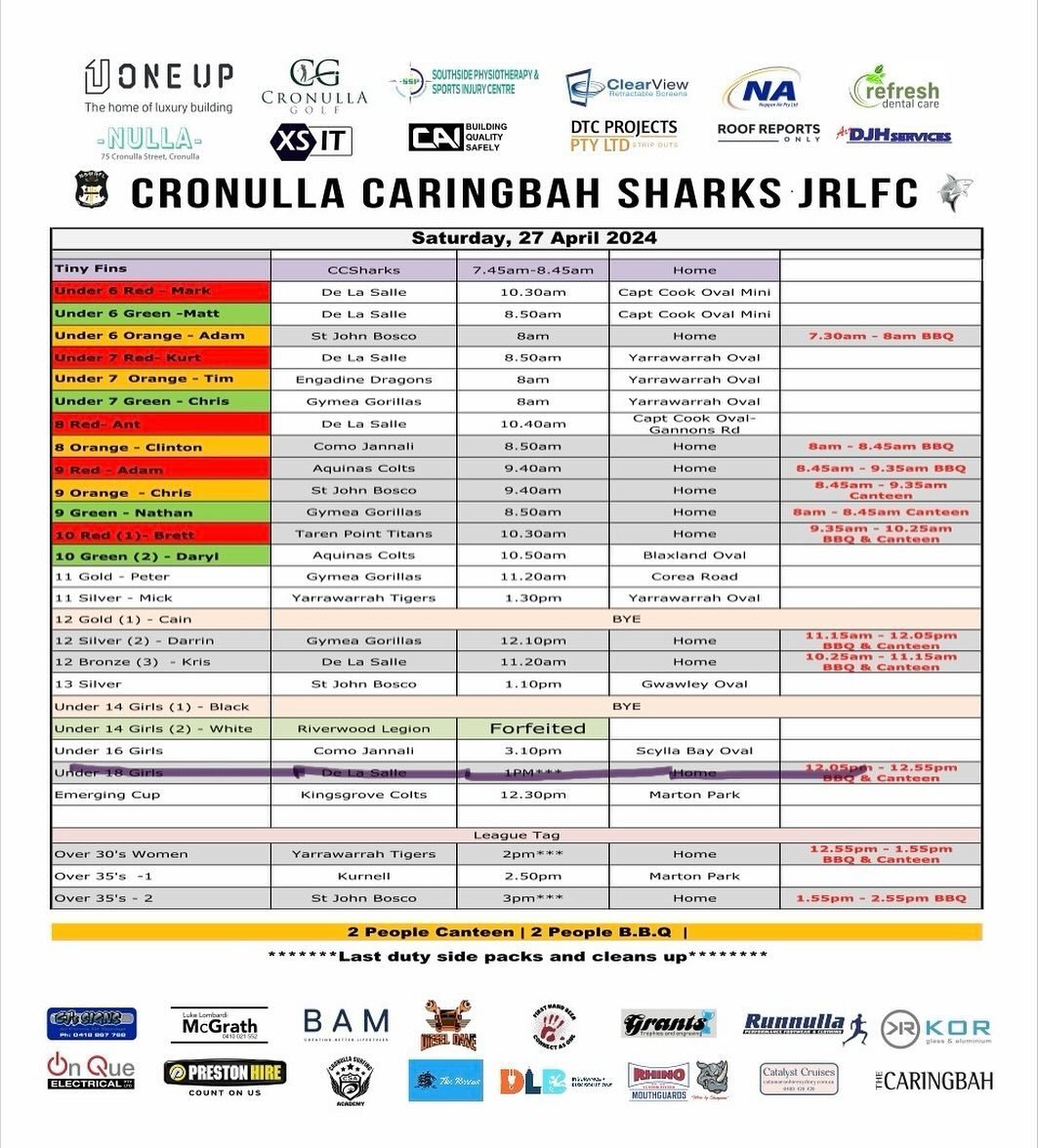 ⚫️⚪️UPDATED RD 2 SATURDAY⚫️⚪️home teams please note duty times. #ccsharks 🦈