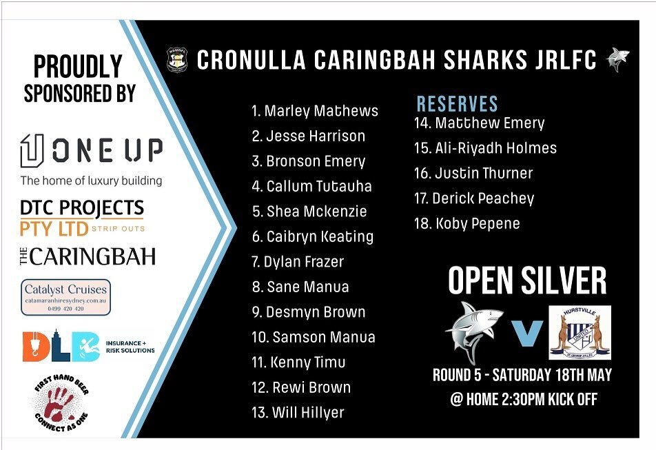 Our open silver side are back at cbah tomorrow v @hurstvilleunitedjrlfc  2:30pm kick off, Get down and support the team. #ccsharks thanks to our sponsors @oneupbuilding @thecaringbah @dtc.projects @dlbinsurance appreciate your support. ⚫️⚪️🦈🏉