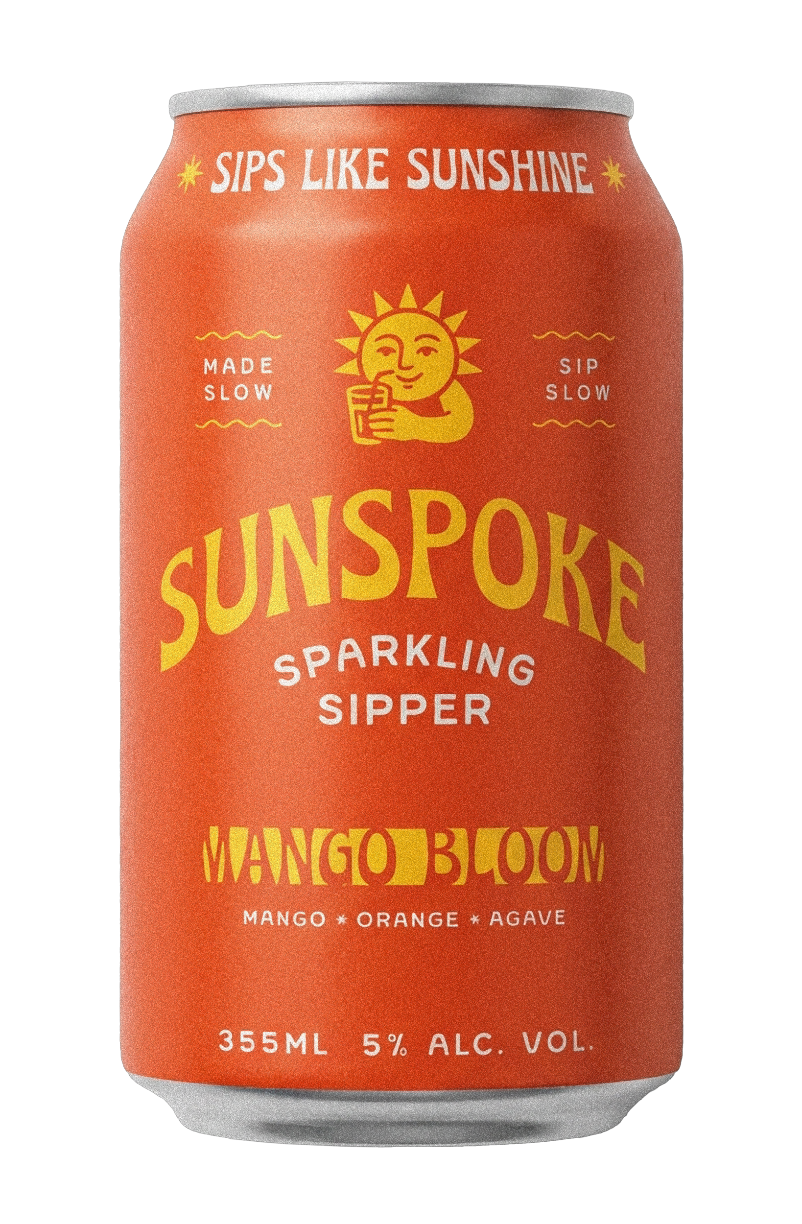 Can of Sunspoke Sparkling Sipper Mango Bloom beverage with orange, mango, and agave flavors, 355ml, 5% alcohol.