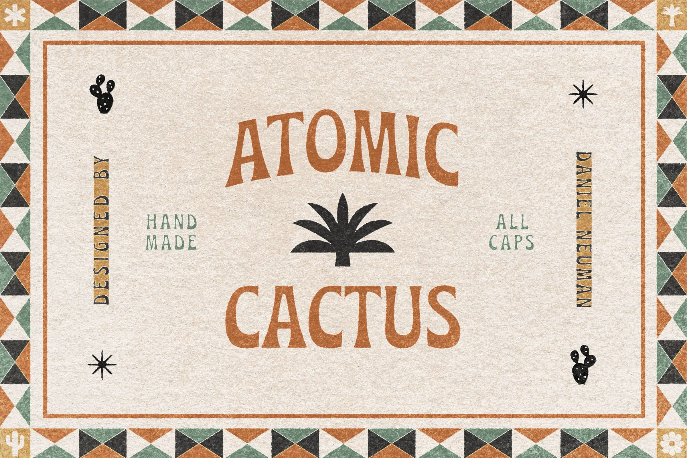 A decorative label for a handcrafted cannabis product called 'Atomic Cactus' with a central cactus illustration and surrounding geometrical border in earthy colors.