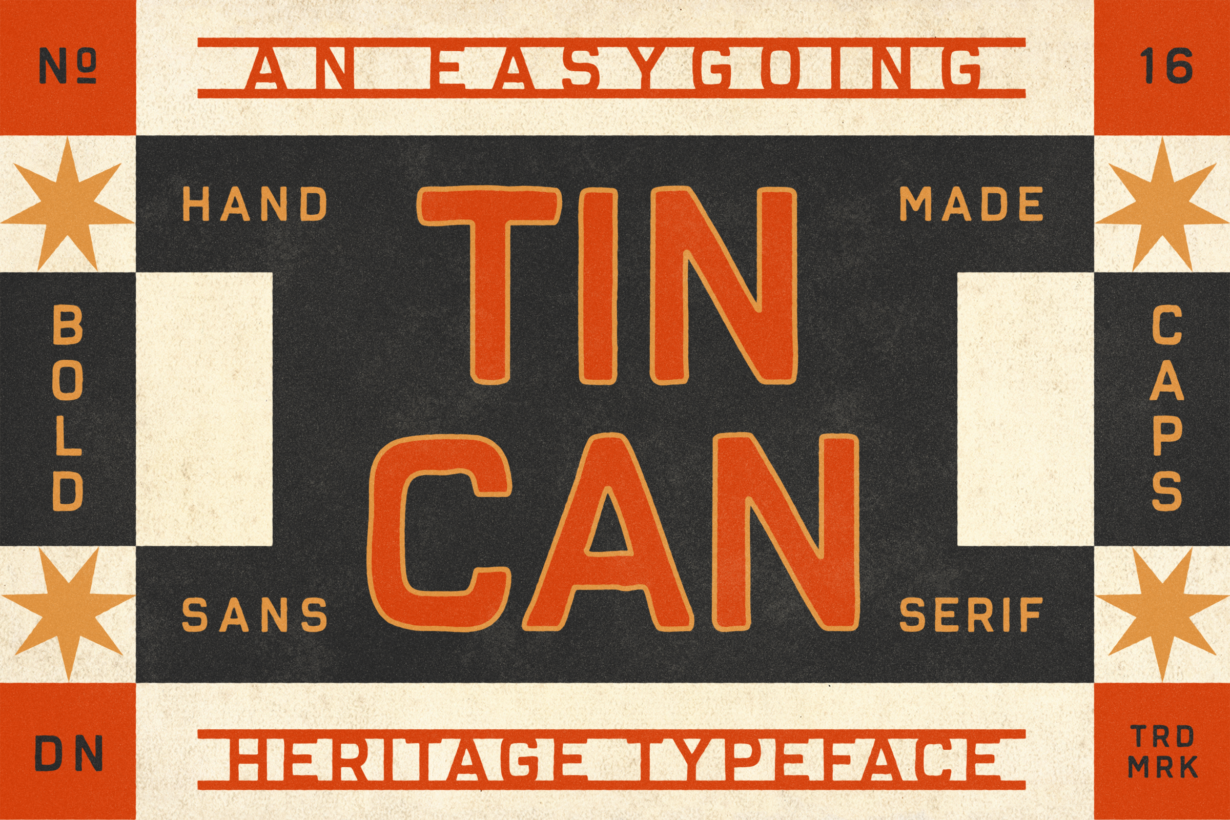 A vintage-style graphic promoting an easy-to-make tin can craft project, featuring text about heritage typeface and different font styles. The design includes decorative stars and borders in red, black, beige, and orange colors.