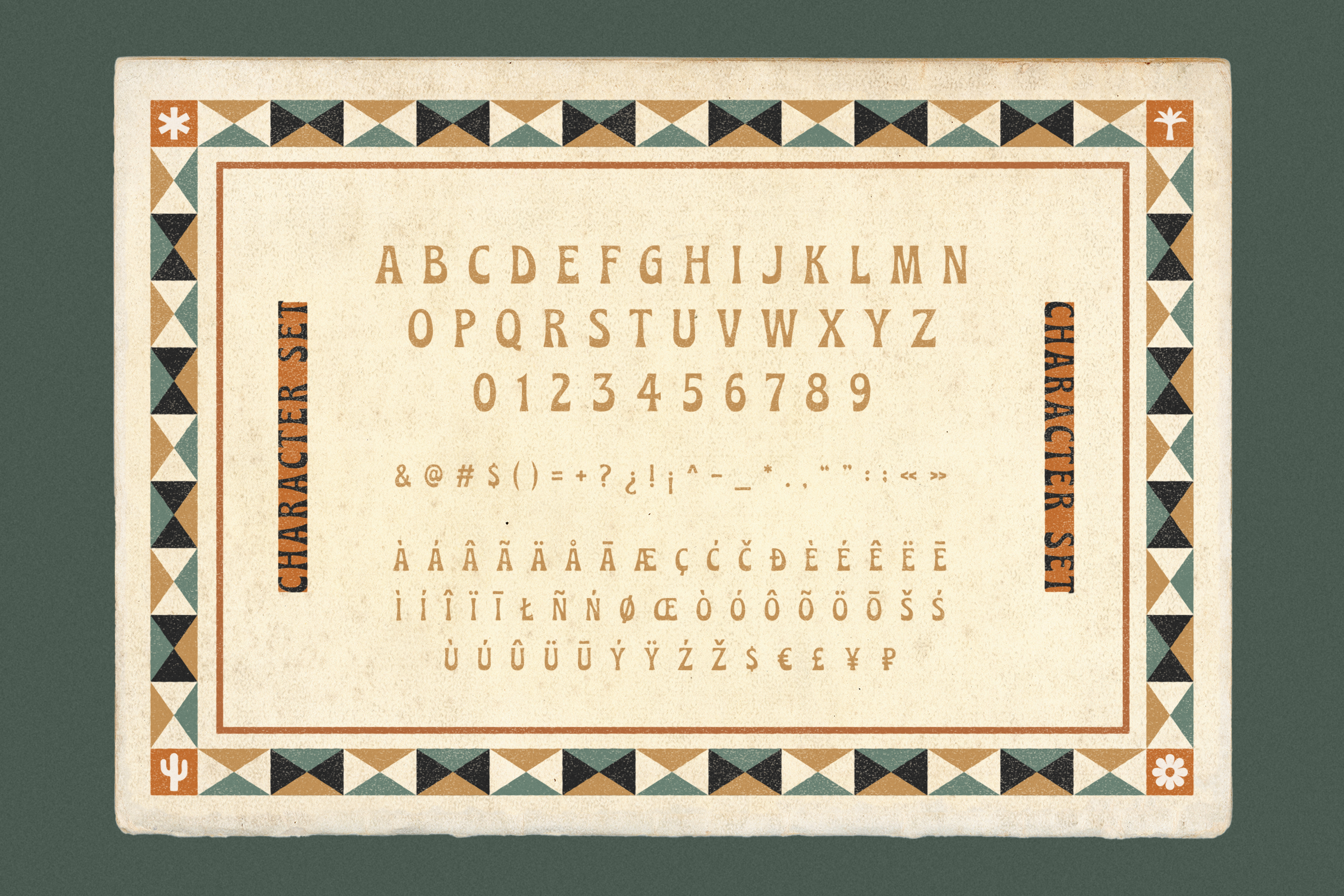 Vintage-style charabia character set chart with letters, numbers, and symbols, framed with colorful geometric border.