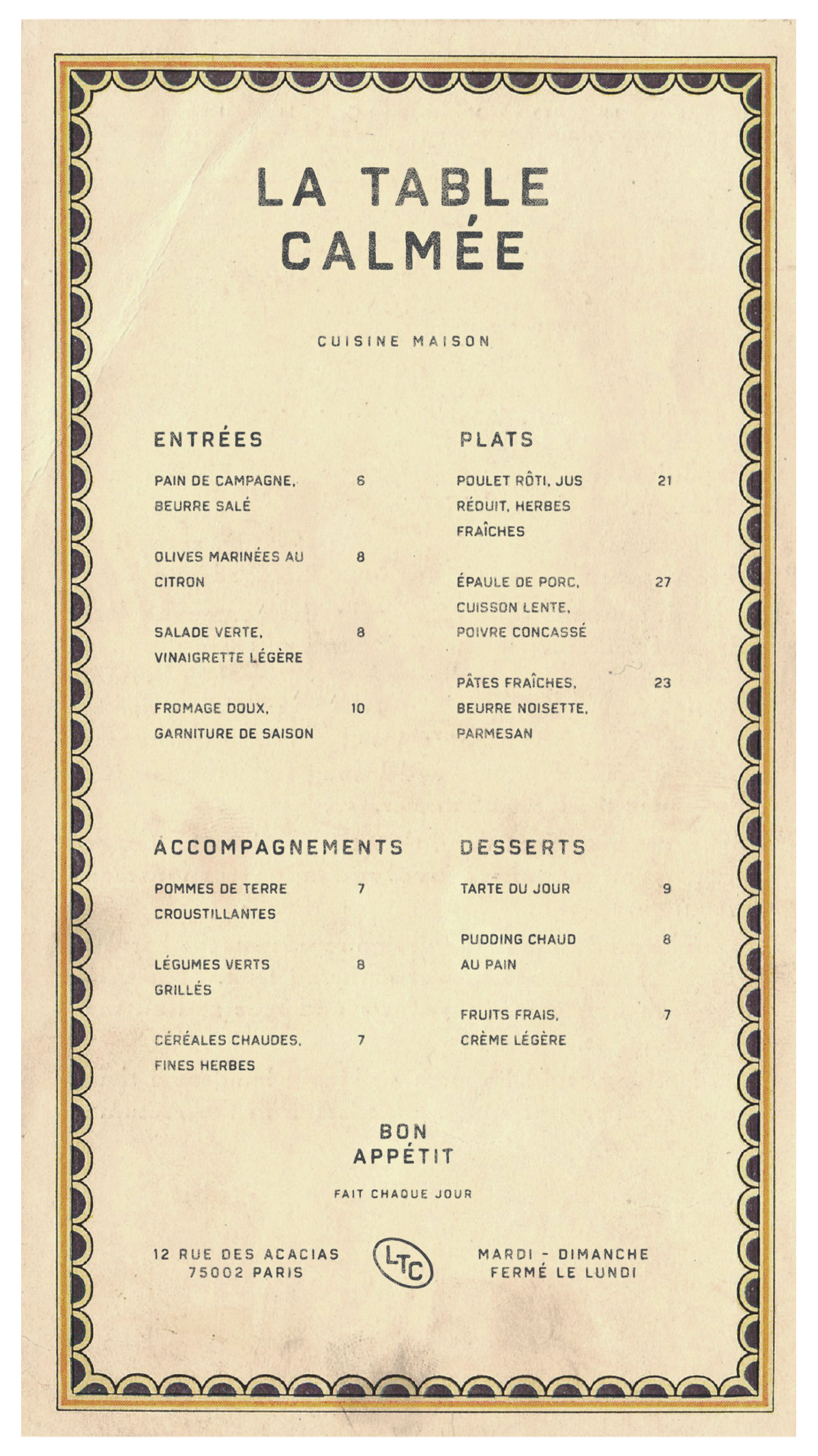 French restaurant menu titled 'LA TABLE CALMÉE' featuring sections for appetizers, main courses, side dishes, and desserts, with prices listed in euros, and including the restaurant's address in Paris.