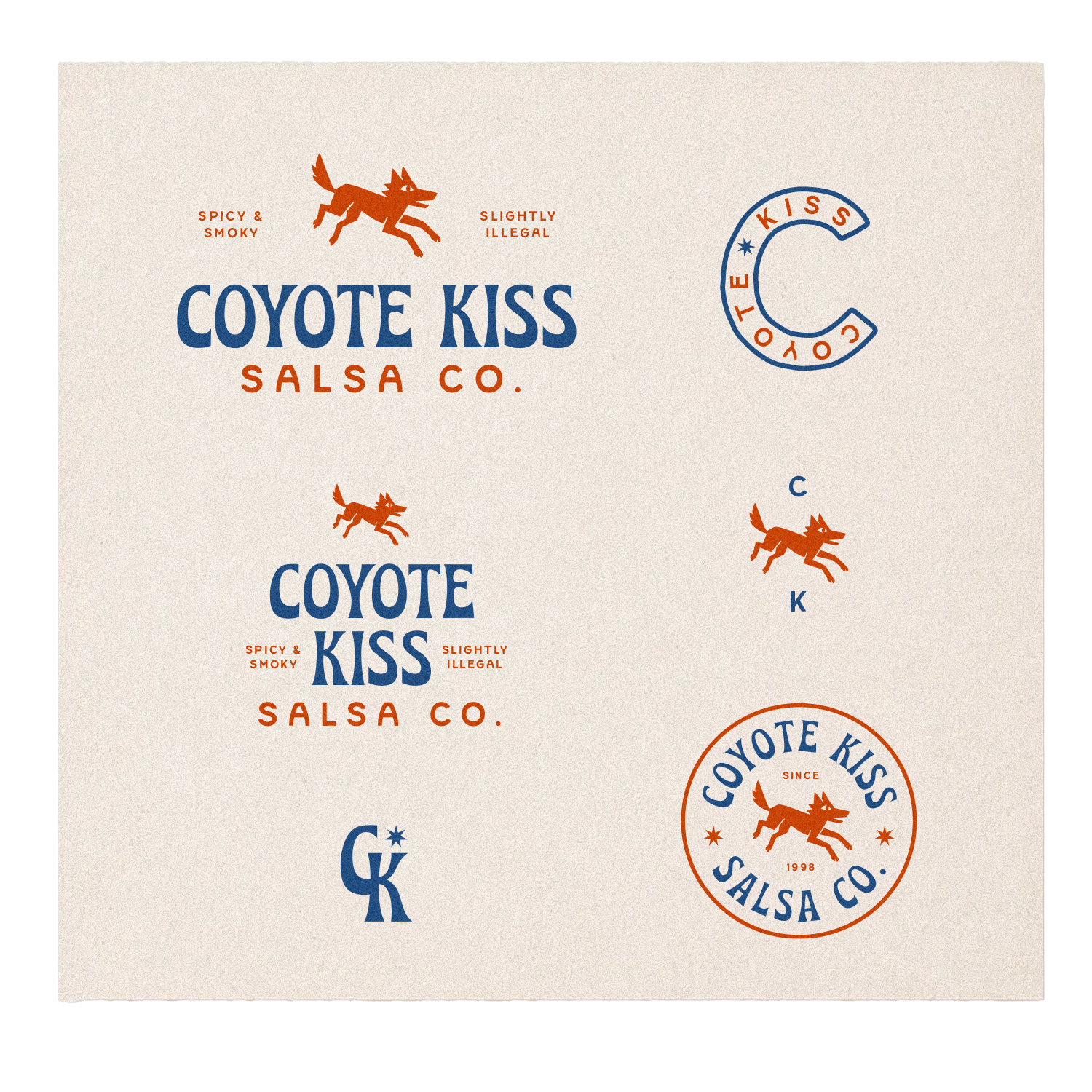 Various logo designs and branding elements for Coyote Kiss Salsa Co., featuring a stylized coyote graphic, text in blue and orange, and circular logos with different arrangements and text.