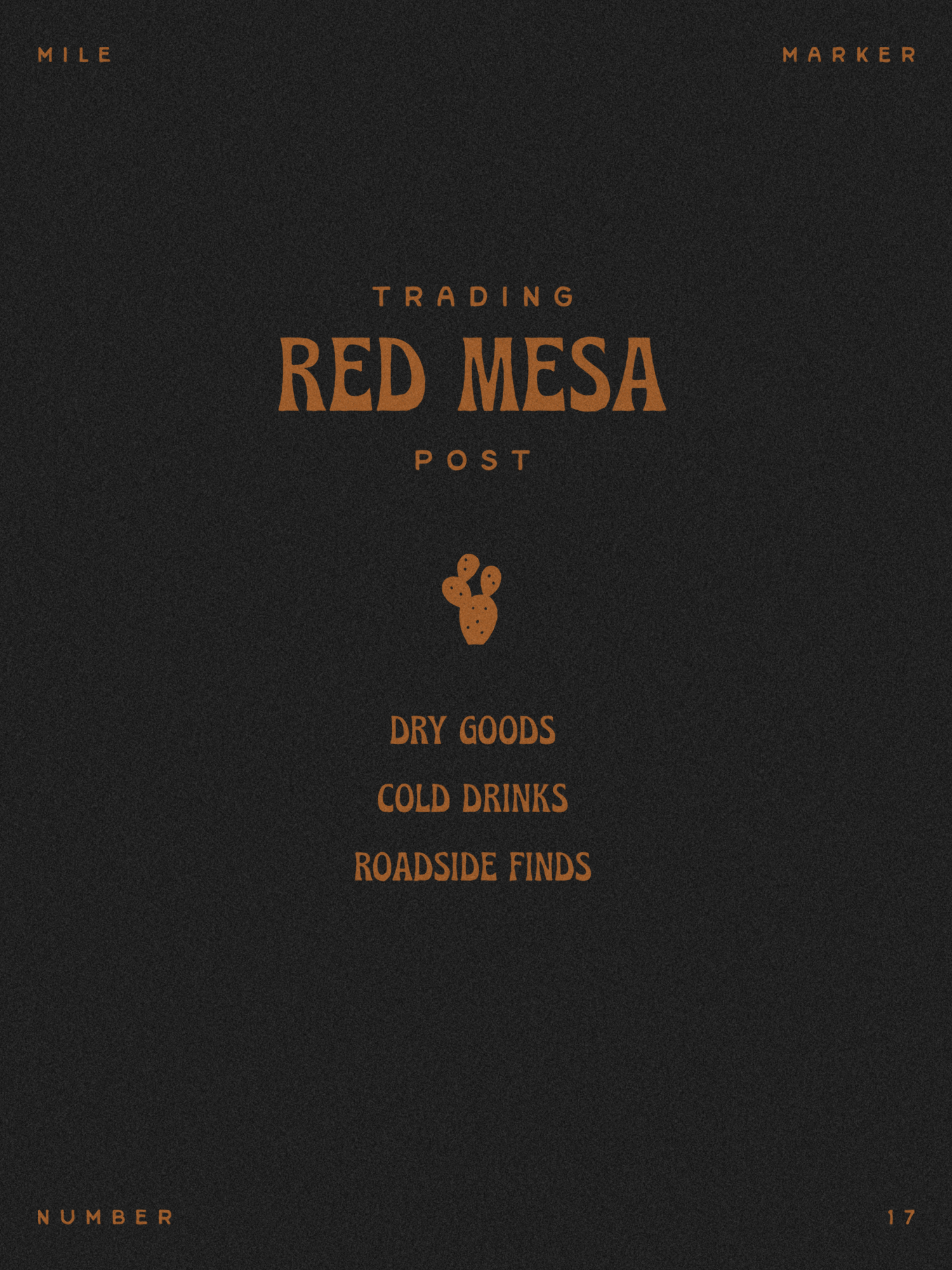 Dark background with orange text showing a menu for 'Red Mesa Trading Post.' The menu includes options for dry goods, cold drinks, and roadside finds. Small cactus icon in the center.
