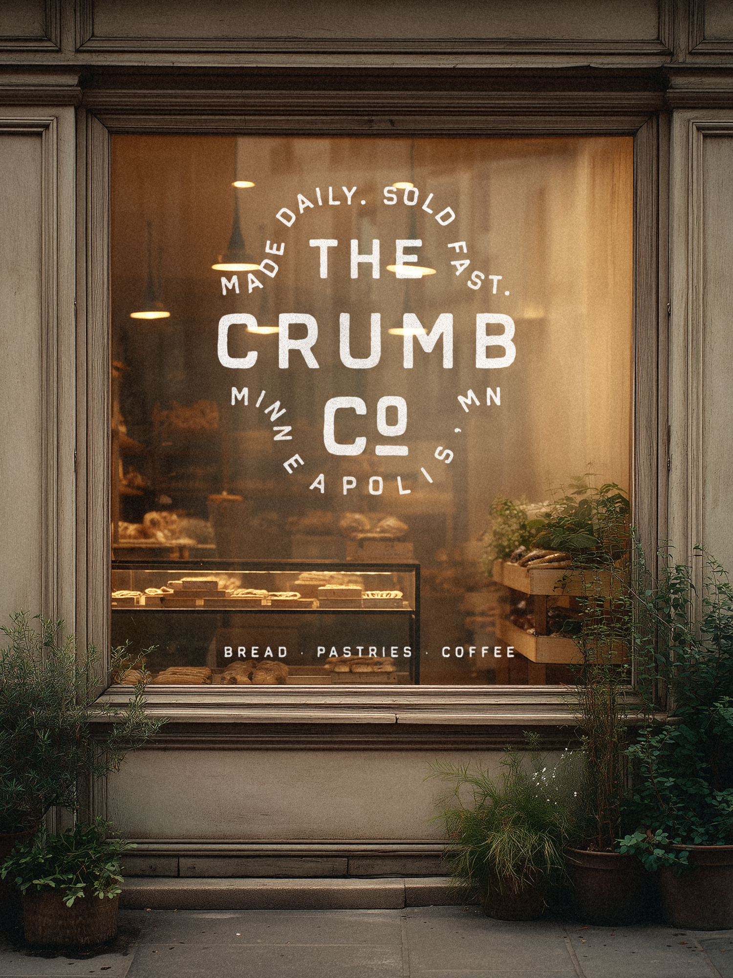 Storefront window with the name "The Crumb Co" and words "made daily, sold fast," "bread, pastries, coffee" written on it, and display of baked goods inside, with potted plants outside