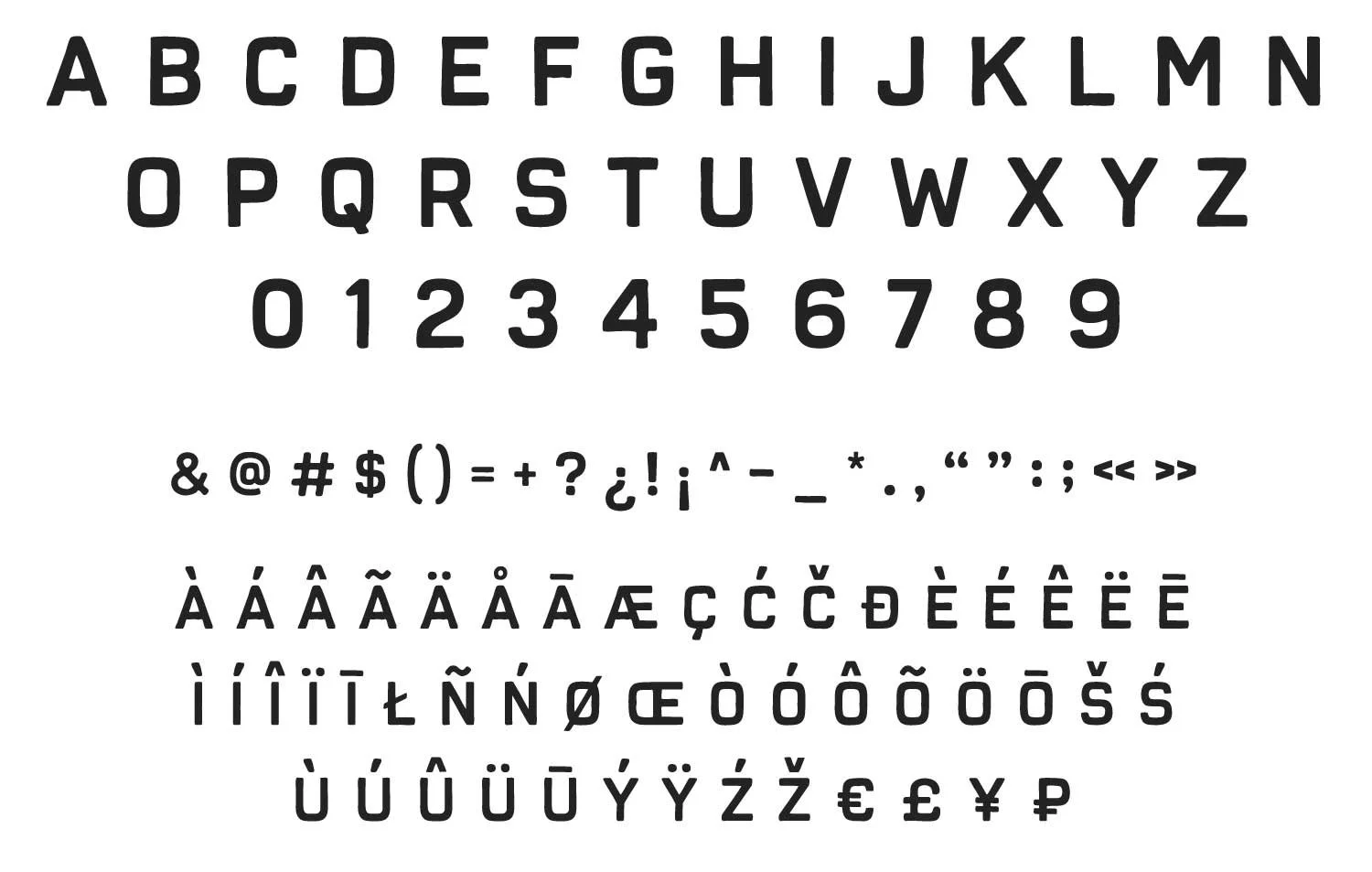 Alphabet and numbers chart with uppercase letters, lowercase accented characters, numbers, and special symbols in black on white background.